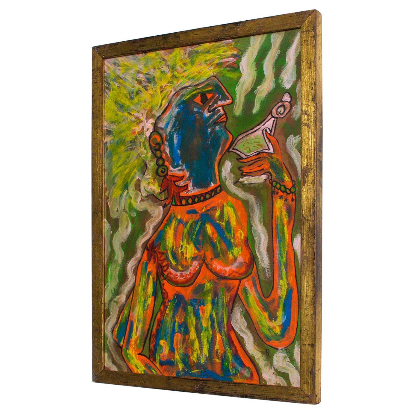 AMBIANIC presents
Colorful tribal still life print portrait Mexican art after Jean M Basquiat.
Signed with initials.
Label on backside.
Beautiful gold gilt frame.
16.75 W x 24 H x 1 D, 14.75 W x 22H
Original unrestored presentation vintage