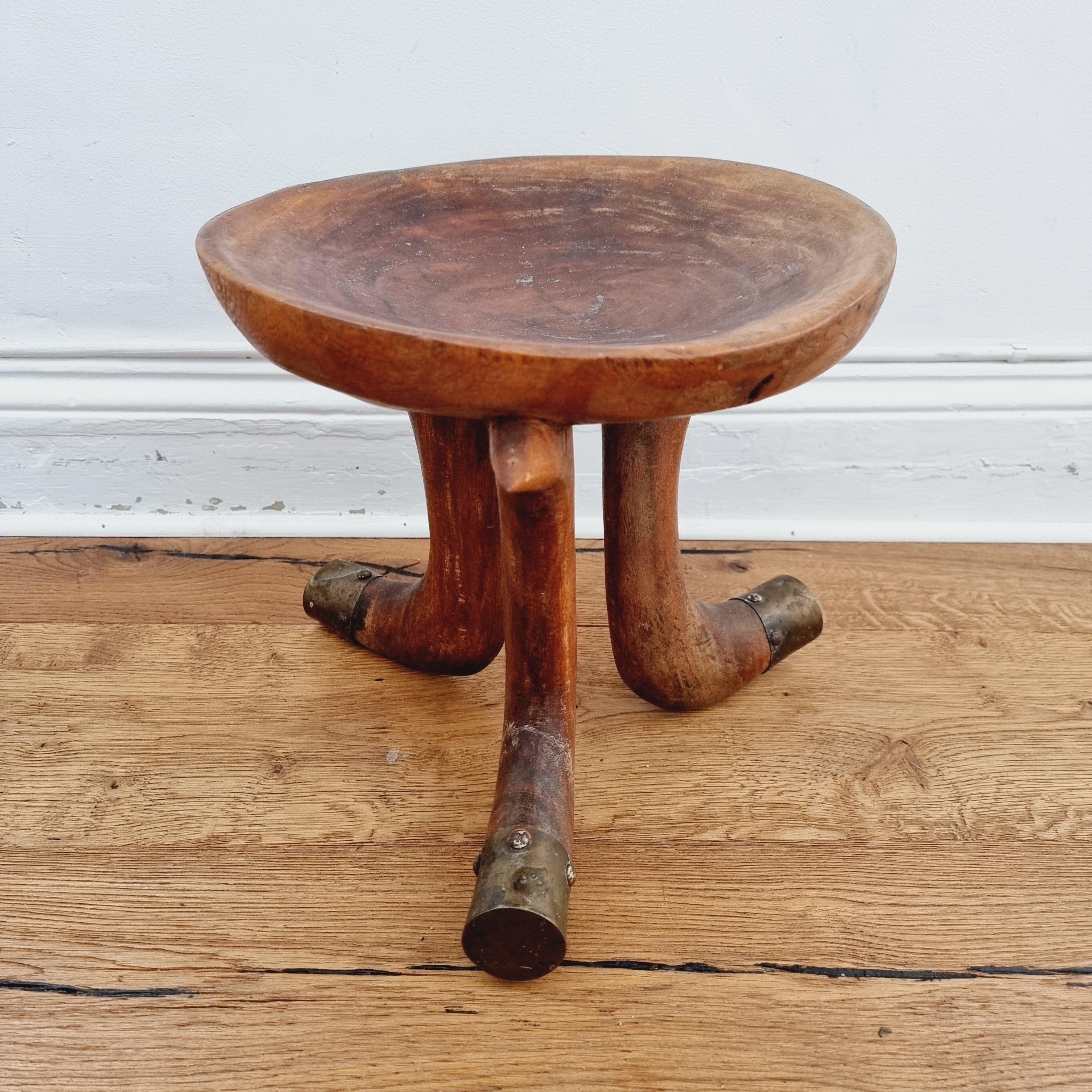 Ethiopian Tribal Stool with Brass Details, Southern Ethiopia, Early 20th Century For Sale