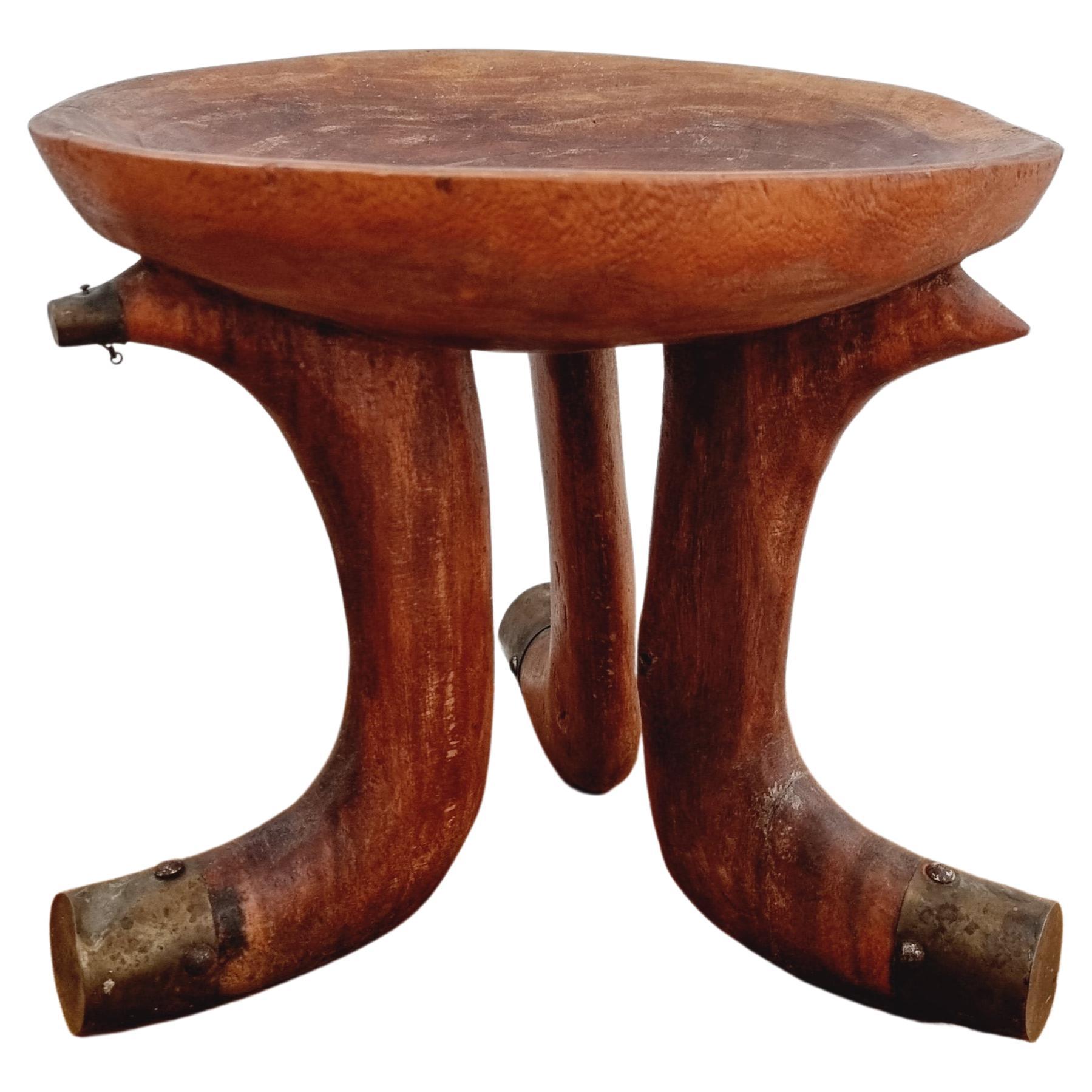 Tribal Stool with Brass Details, Southern Ethiopia, Early 20th Century For Sale