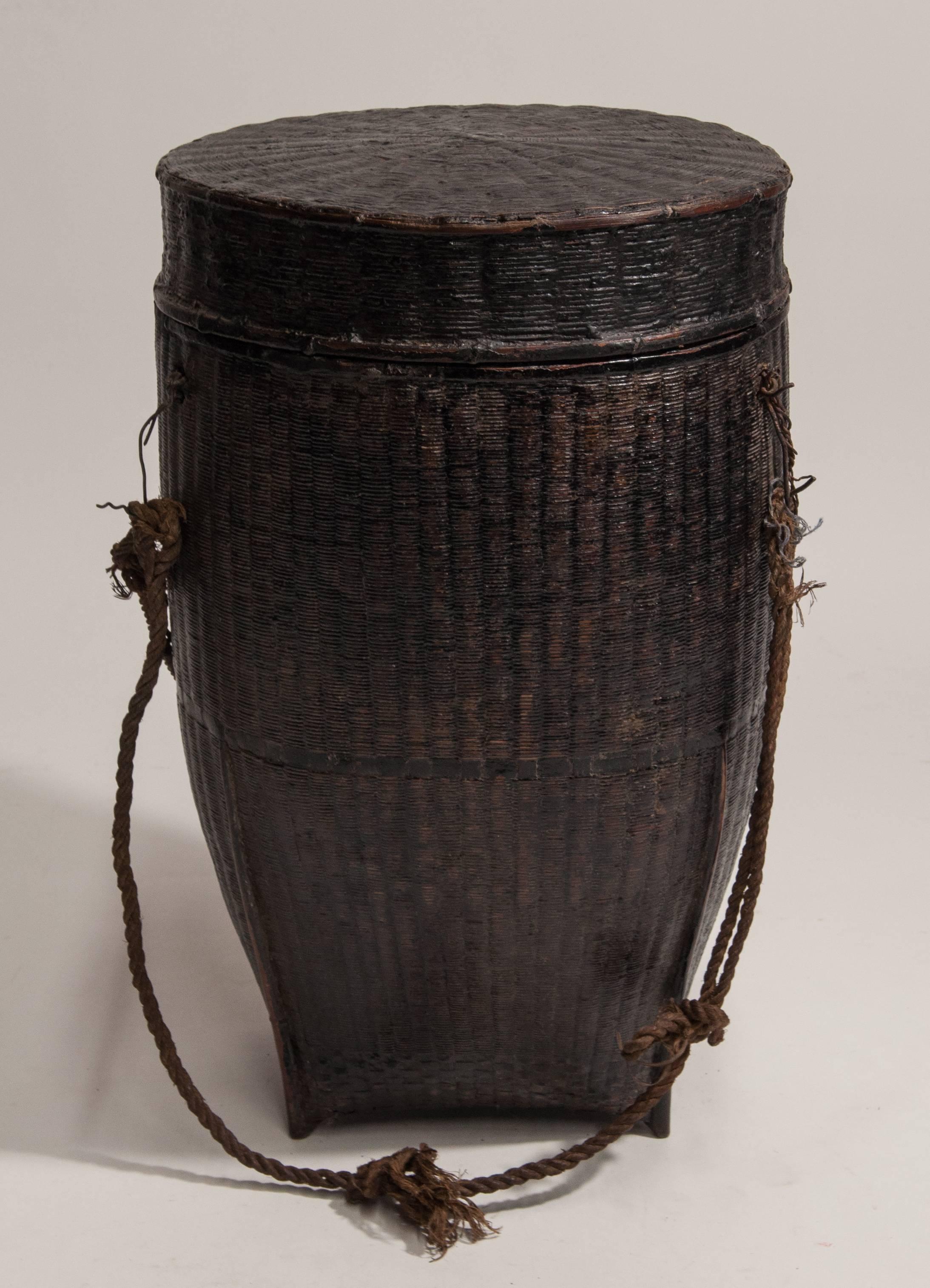 Burmese Tribal Storage Basket with Lid and Lacquer, Karen of Burma, Mid-20th Century