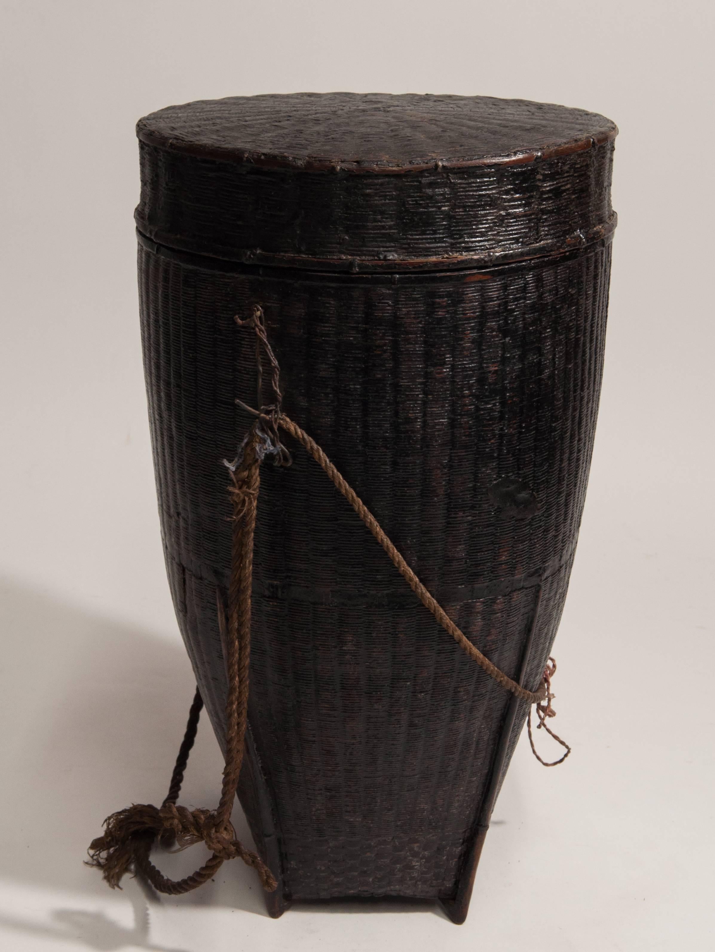 Hand-Crafted Tribal Storage Basket with Lid and Lacquer, Karen of Burma, Mid-20th Century