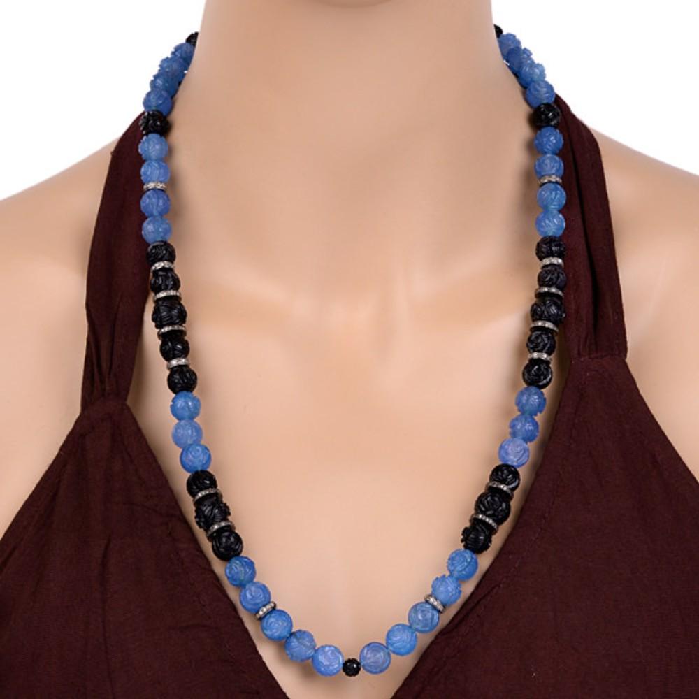 Medieval Tribal Style Beaded Necklace with Onyx Black & Agate Blue with Diamond Spacer For Sale