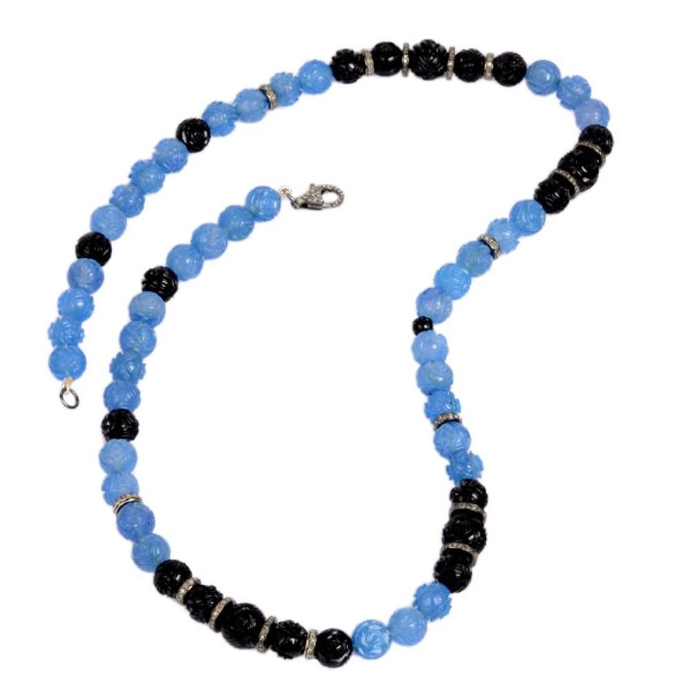 Mixed Cut Tribal Style Beaded Necklace with Onyx Black & Agate Blue with Diamond Spacer For Sale