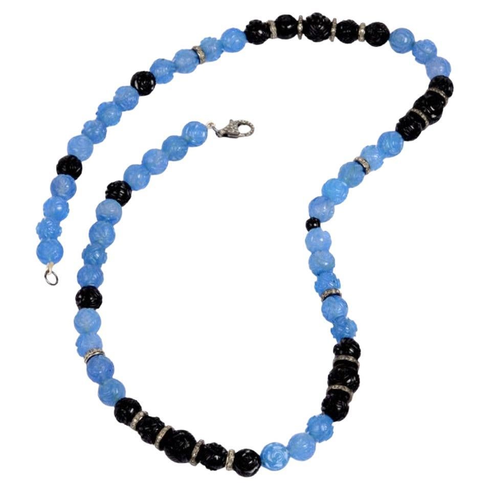 Tribal Style Beaded Necklace with Onyx Black & Agate Blue with Diamond Spacer