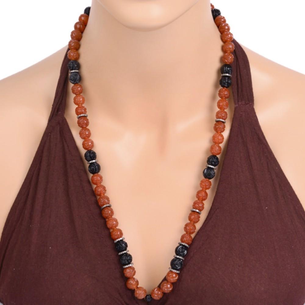 Medieval Tribal Style Carved Agate & Onyx Beaded Necklace with Diamonds Made in Silver For Sale