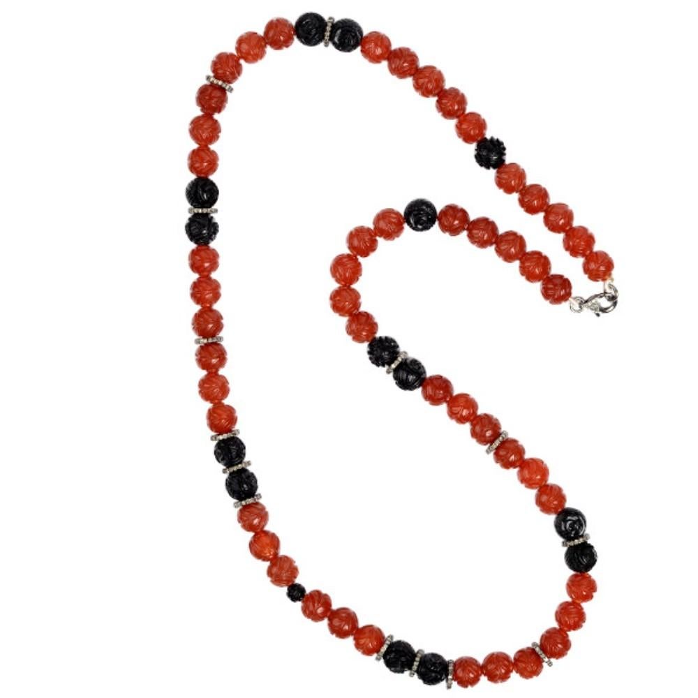 Mixed Cut Tribal Style Carved Agate & Onyx Beaded Necklace with Diamonds Made in Silver For Sale