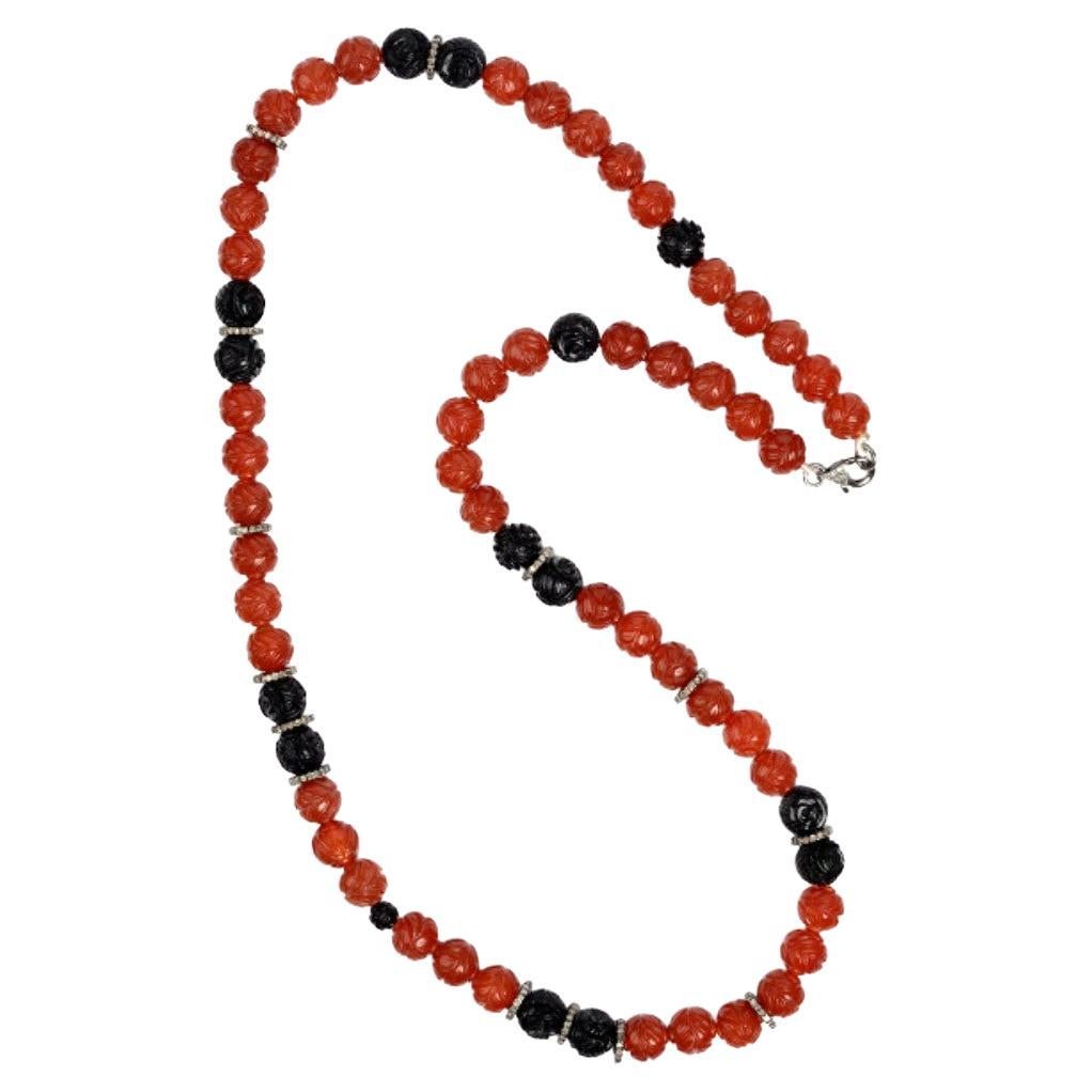 Tribal Style Carved Agate & Onyx Beaded Necklace with Diamonds Made in Silver For Sale