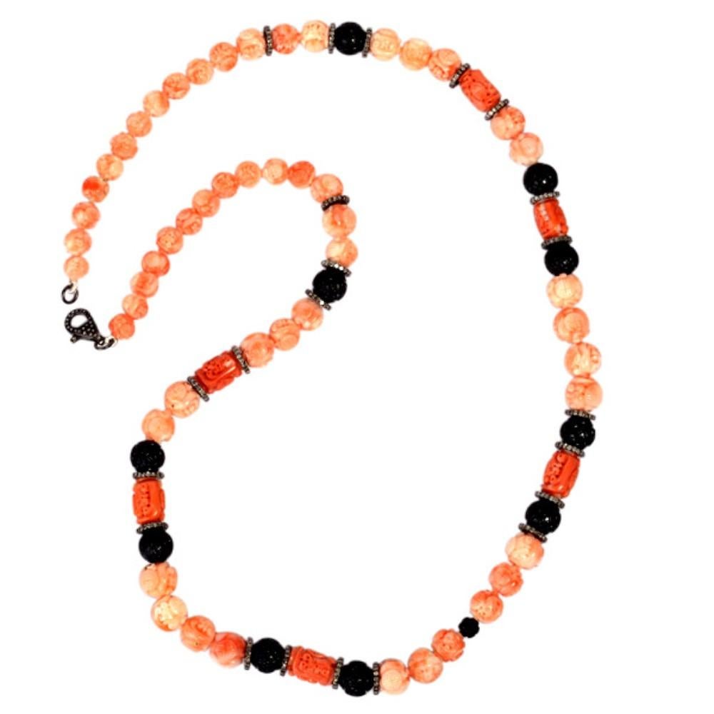 Medieval Tribal Style Carved Onyx & Coral Beaded Necklace With Diamonds For Sale