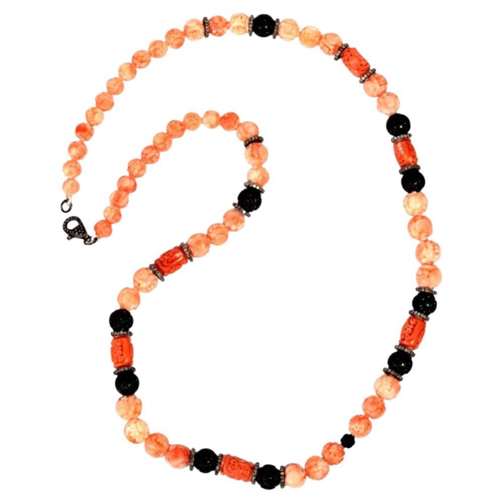 Tribal Style Carved Onyx & Coral Beaded Necklace With Diamonds