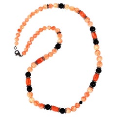 Tribal Style Carved Onyx & Coral Beaded Necklace With Diamonds