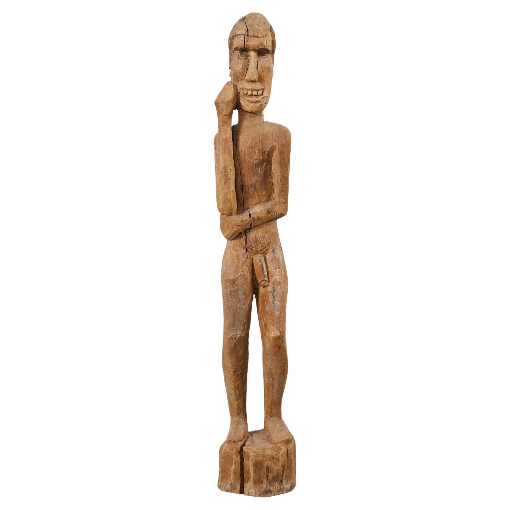 Tribal Style Carved Wood Standing Figure Sculpture For Sale