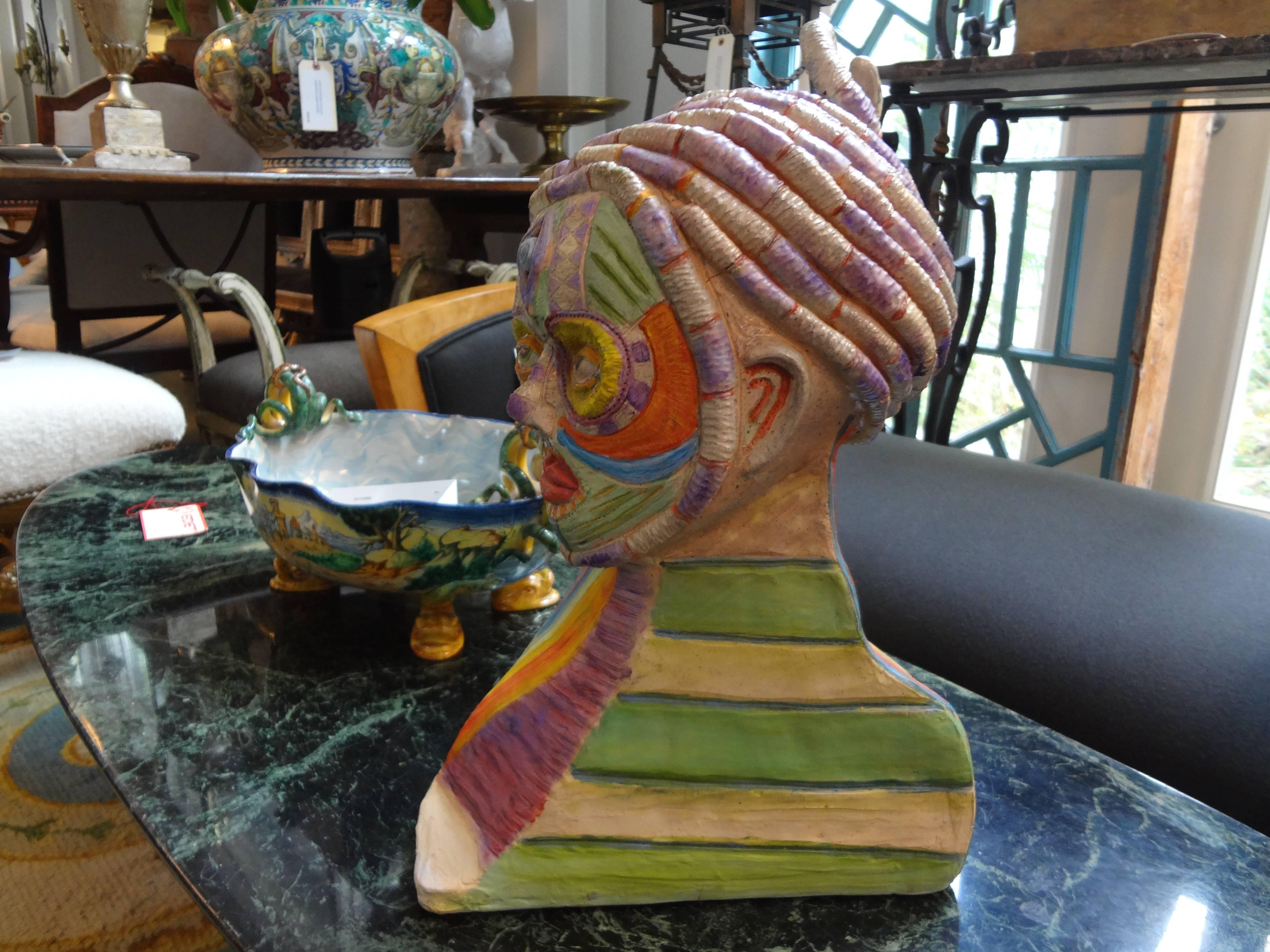 Tribal Style Clay Bust Sculpture  In Good Condition For Sale In Houston, TX