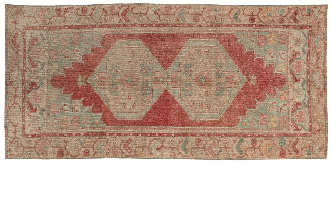 Hand-Knotted 3.7x7.7 Ft Vintage Handmade Turkish Village Rug with Two Geometric Medallions