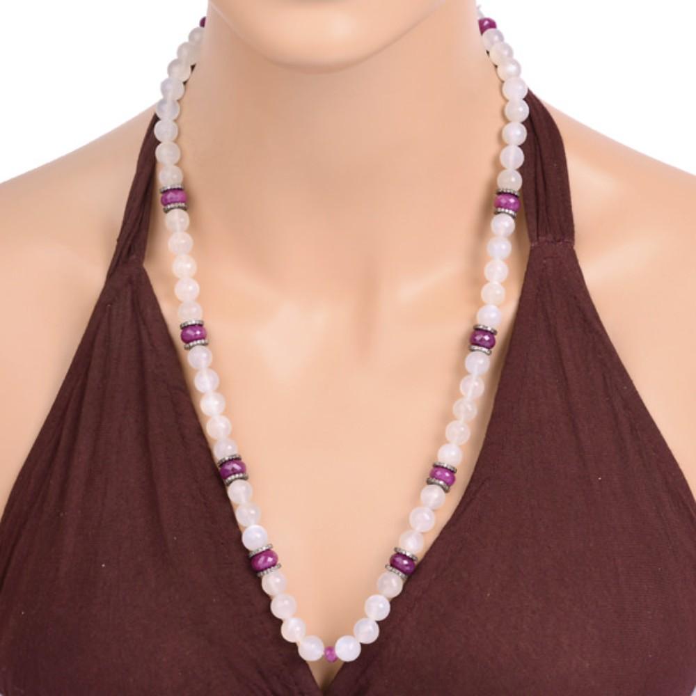 Medieval Tribal Style Moonstone & Ruby Beaded Necklace with Diamonds Made in Silver For Sale