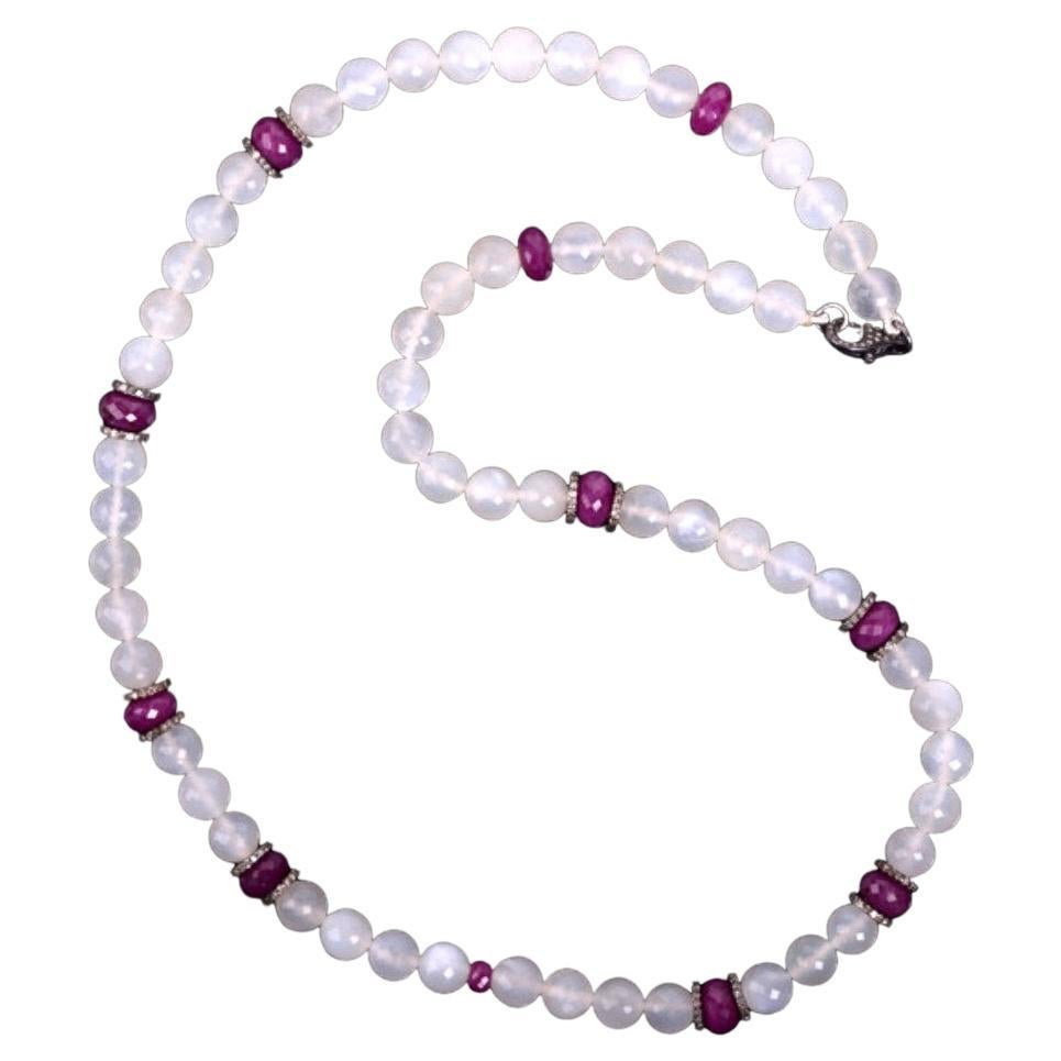 Tribal Style Moonstone & Ruby Beaded Necklace with Diamonds Made in Silver For Sale