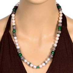 Tribal Style Multi Gemstone Beaded Necklace with Diamonds Made in Silver