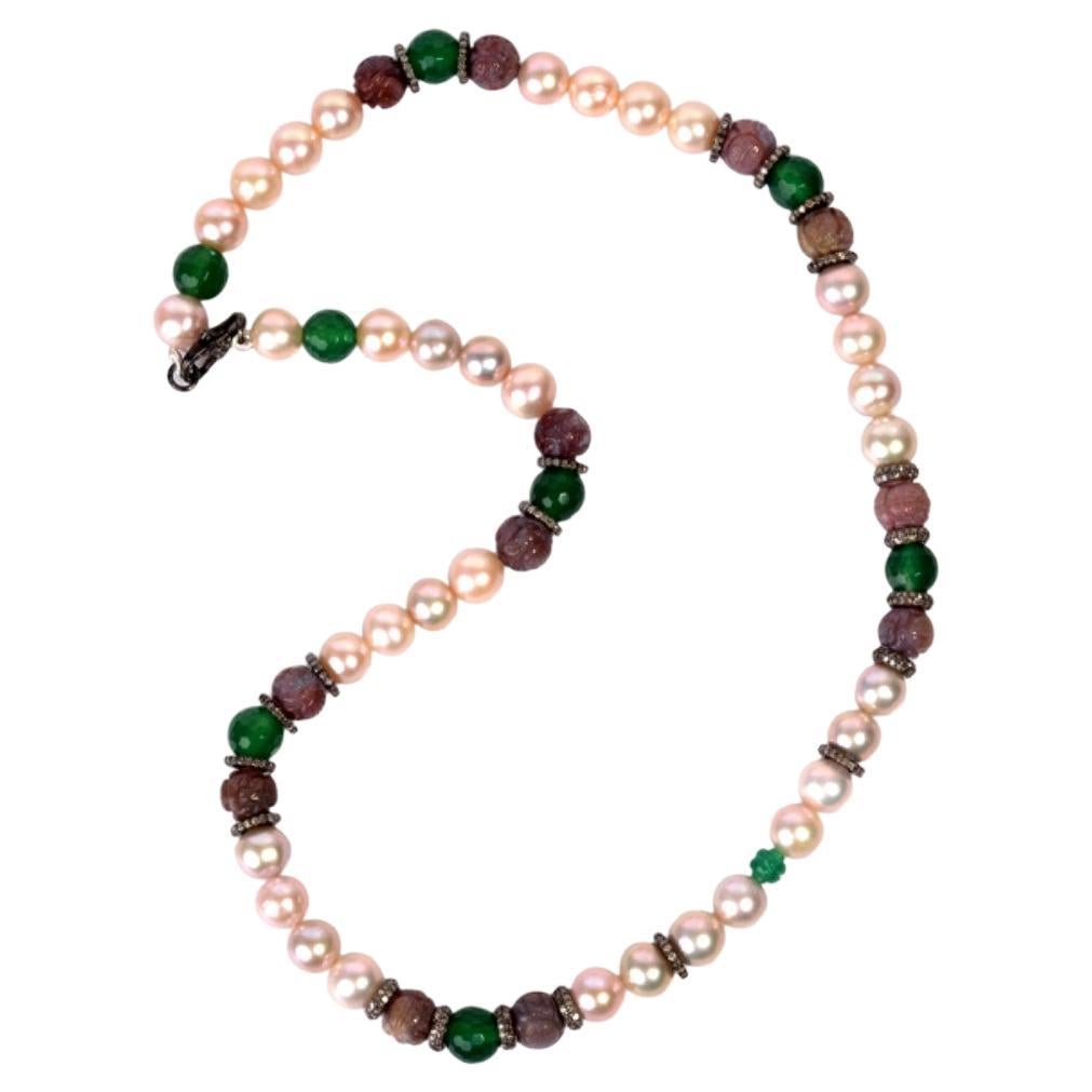Tribal Style Multi Gemstone Beaded Necklace with Diamonds Made in Silver For Sale