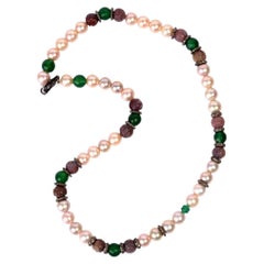 Tribal Style Multi Gemstone Beaded Necklace with Diamonds Made in Silver