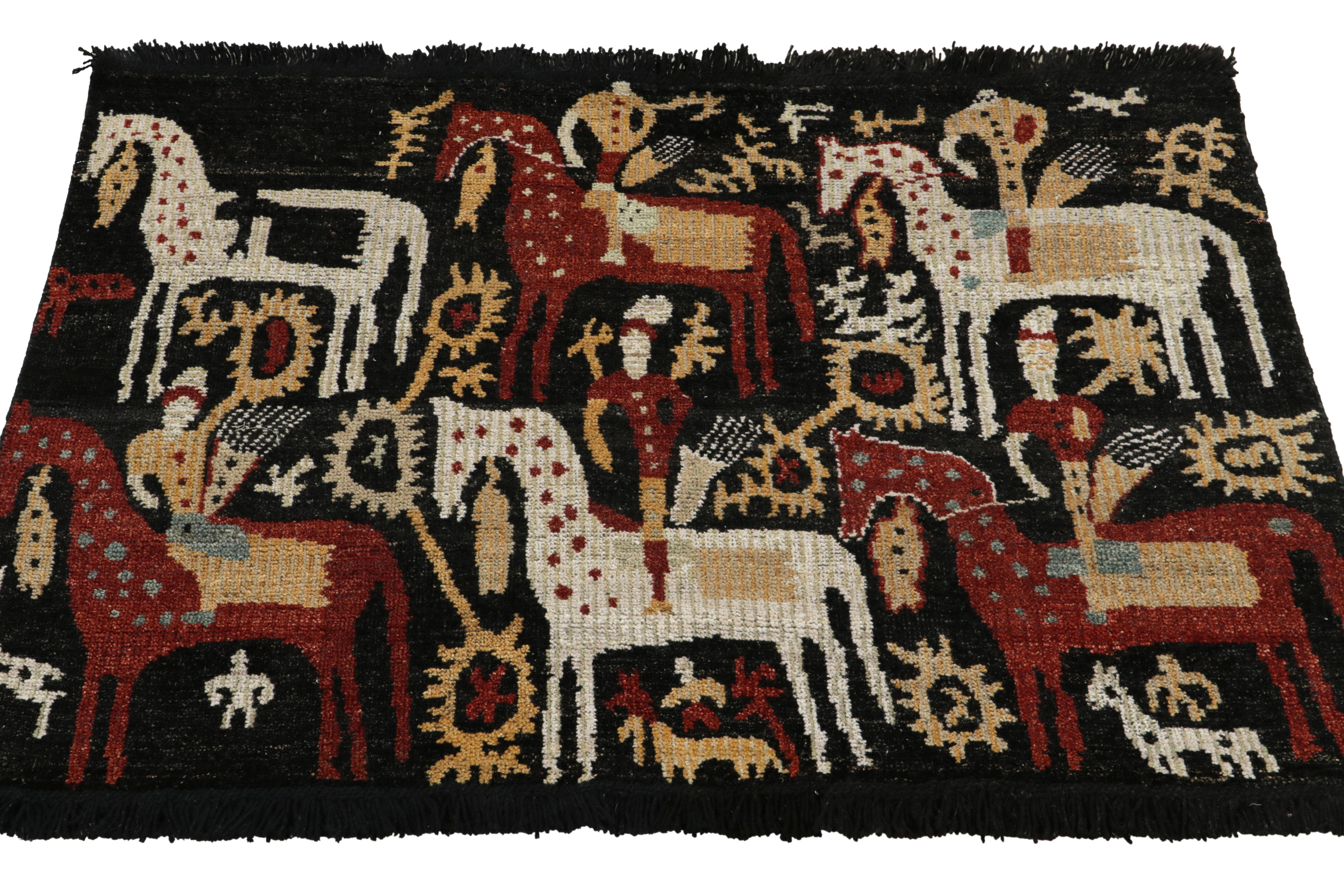 Connoting a refined modern take on tribal sensibilities, this 3x4 rug from the Burano Collection by Rug & Kilim reimagines a rare pictorial pattern of horsemen & animals. The nomadic rider theme boasts a daring colorway of white, brick red & gold