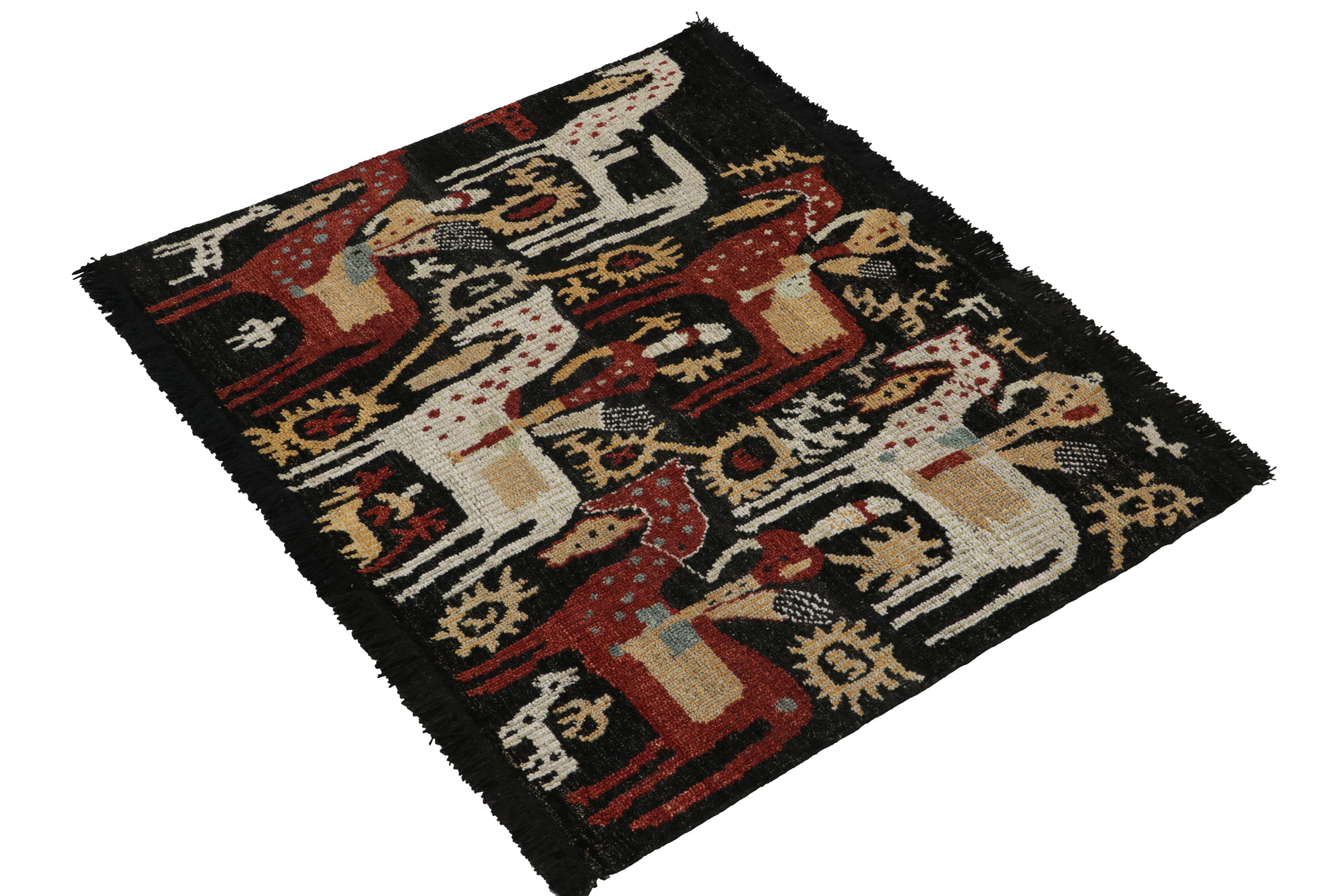 Connoting a refined modern take on tribal sensibilities, this 3x4 rug from the Burano Collection by Rug & Kilim reimagines a rare pictorial pattern of horsemen & animals. The nomadic rider theme boasts a daring colorway of white, brick red & gold