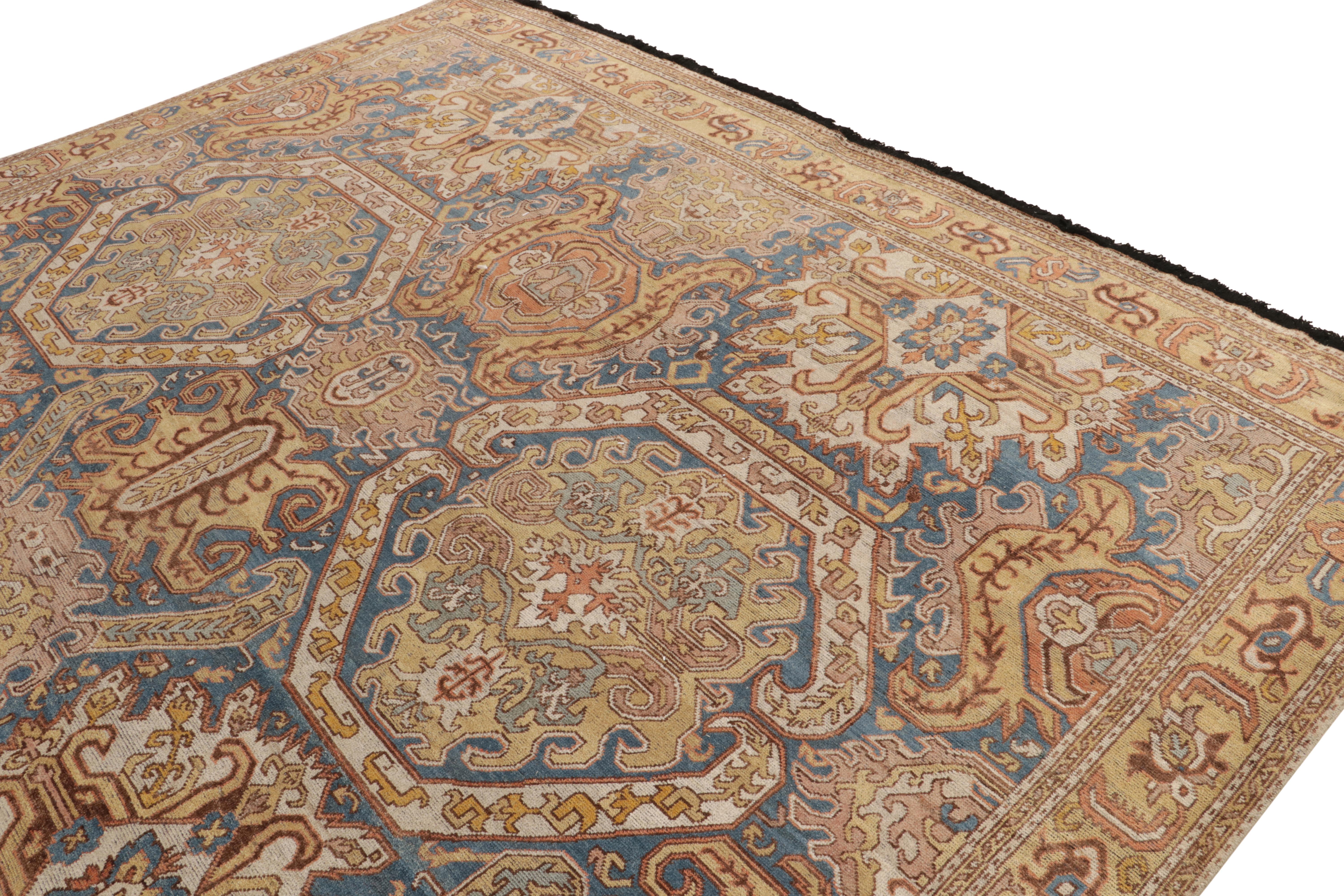 Hand-Knotted Tribal Style Rug in Blue & Gold Geometric Floral Pattern by Rug & Kilim For Sale