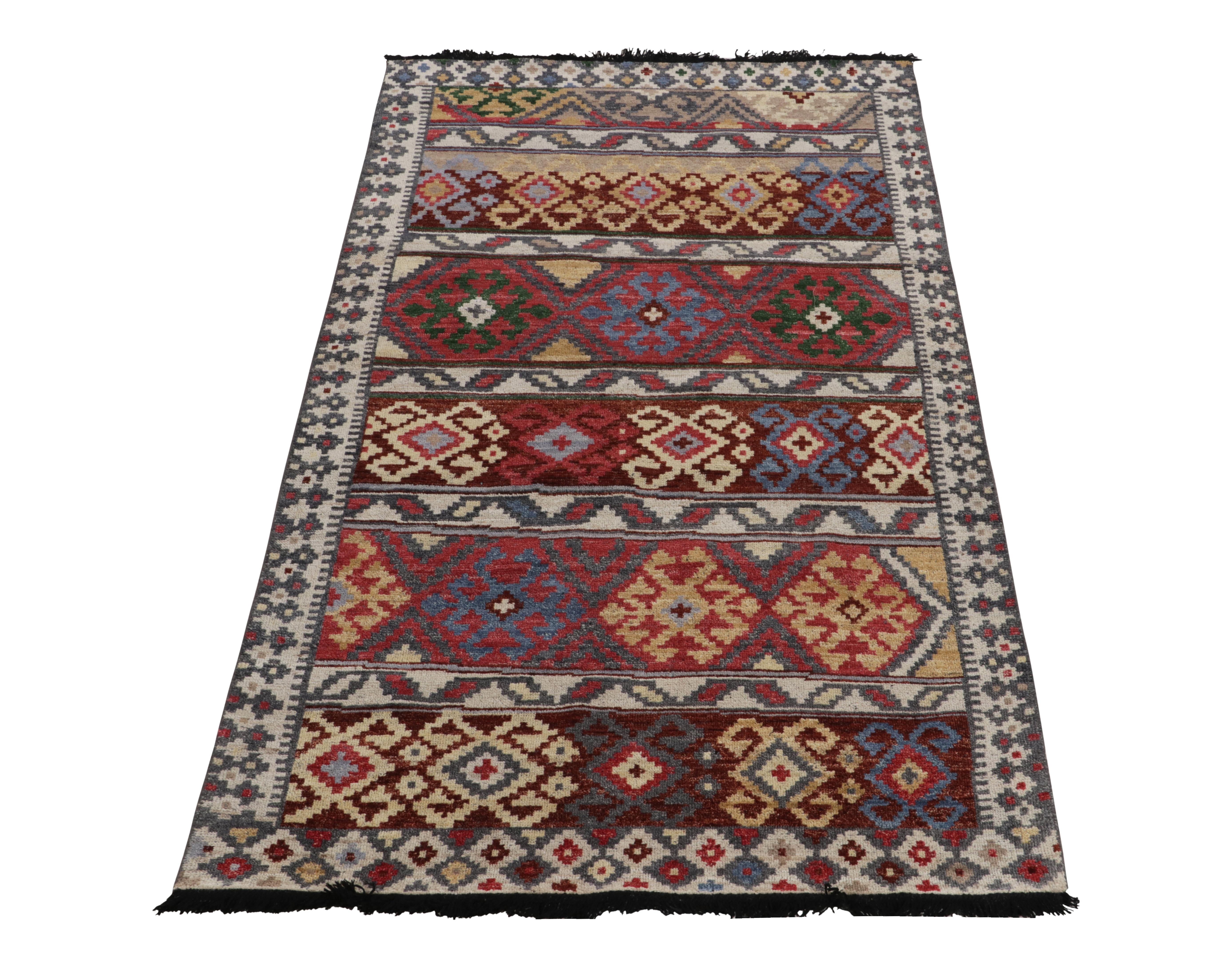 Hand-knotted in wool, a 4x7 ode to classic rugs inspired from Turkish tribal aesthetics—from Rug & Kilim’s contemporary Burano Collection. The carpet draws on mid century Anatolian kilim designs adapted to a soft pile texture, with well defined