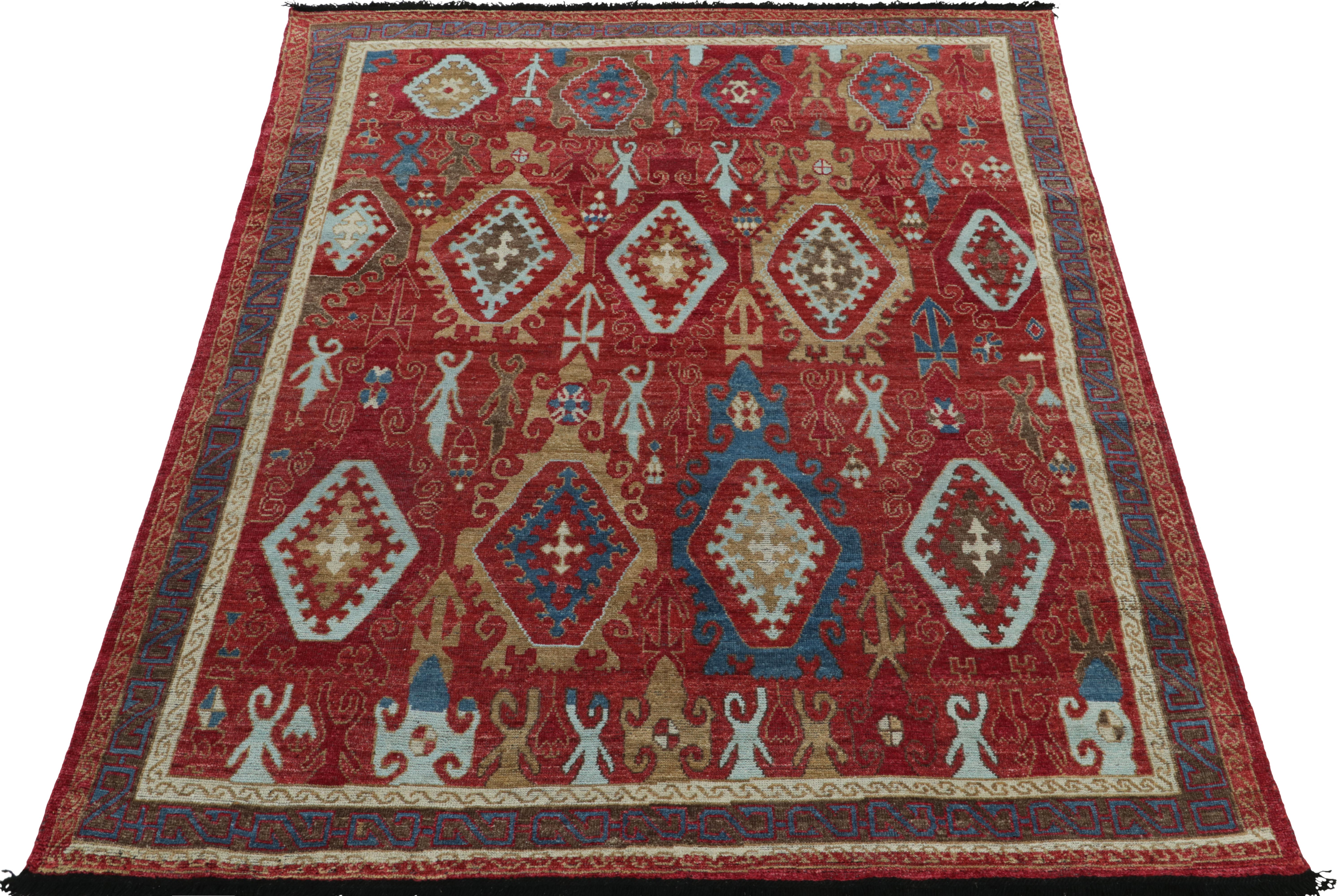 Noué à la main en laine fine, ce tapis 6x8 de notre collection Burano reflète une vision moderne de la beauté des motifs indigènes. La vision tribale bénéficie d'un riche motif traditionnel dans des tons de bleu, de beige-brun et d'or clair sur un