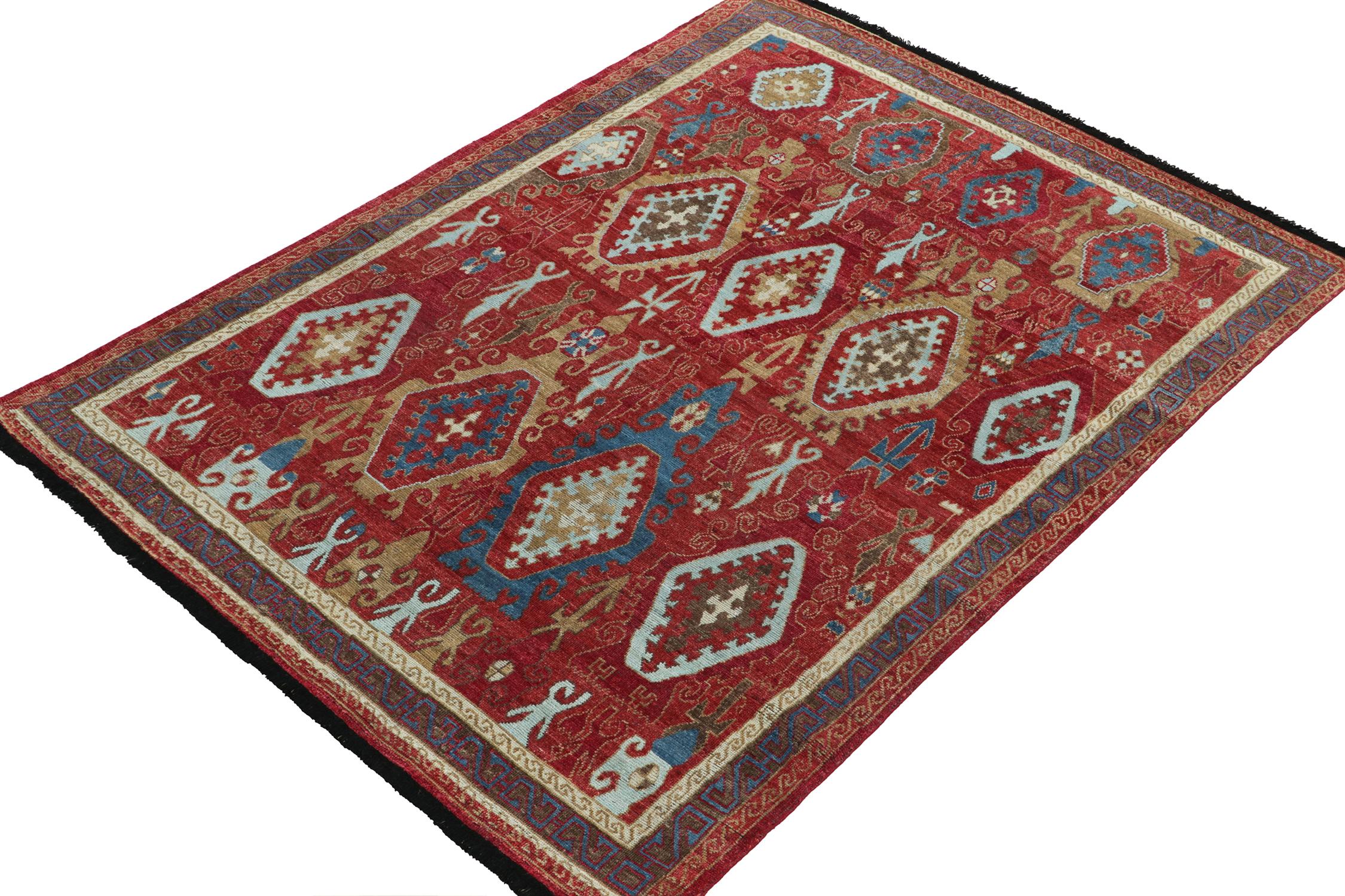 Indian Rug & Kilim's Tribal Style Rug in Red, Blue and Brown Geometric Pattern For Sale