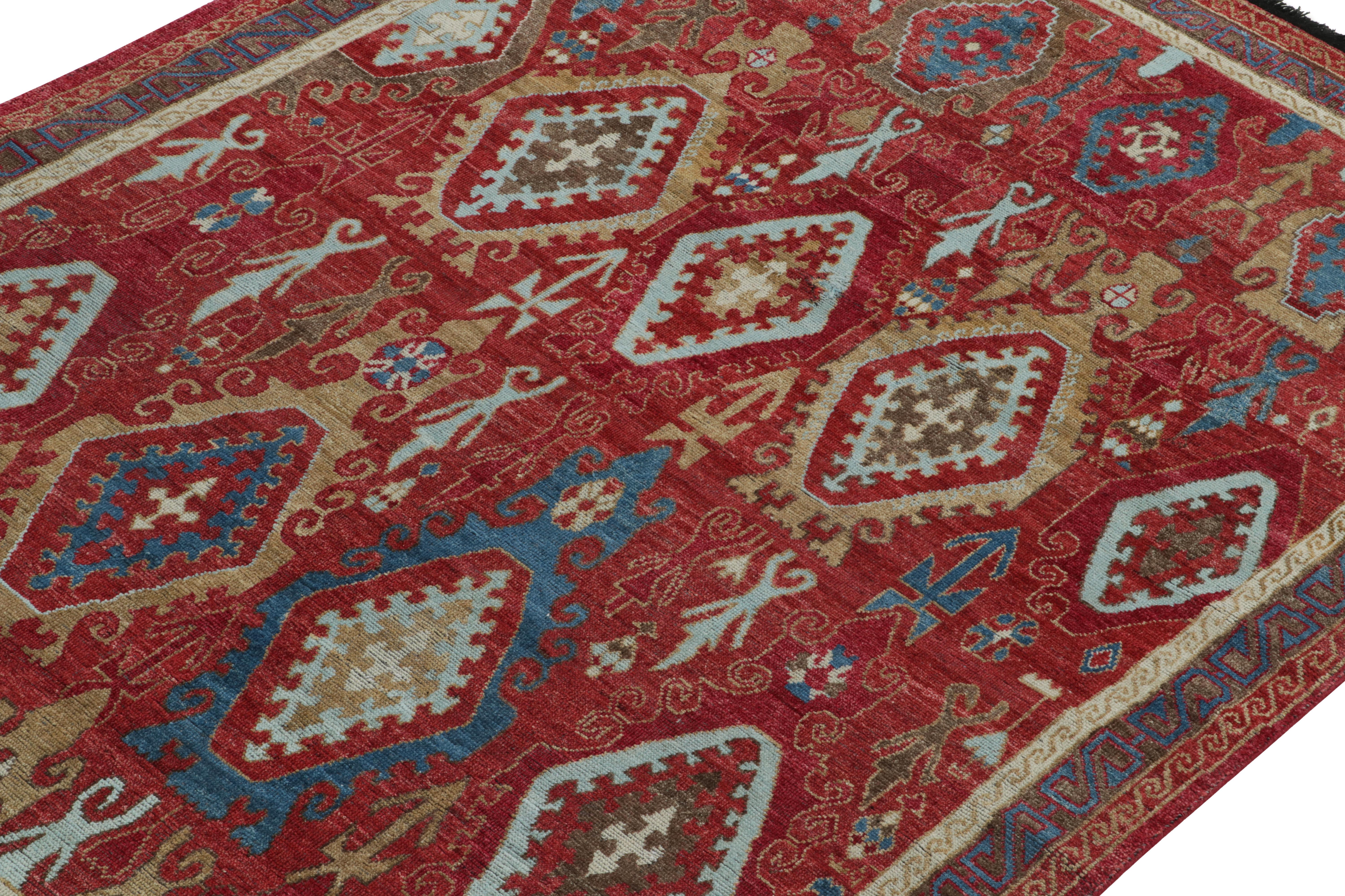 Hand-Knotted Rug & Kilim's Tribal Style Rug in Red, Blue and Brown Geometric Pattern For Sale
