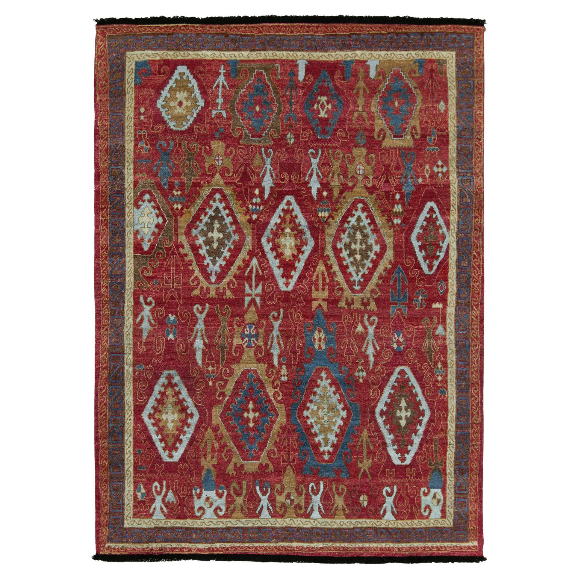 Rug & Kilim's Tribal Style Rug in Red, Blue and Brown Geometric Pattern For Sale