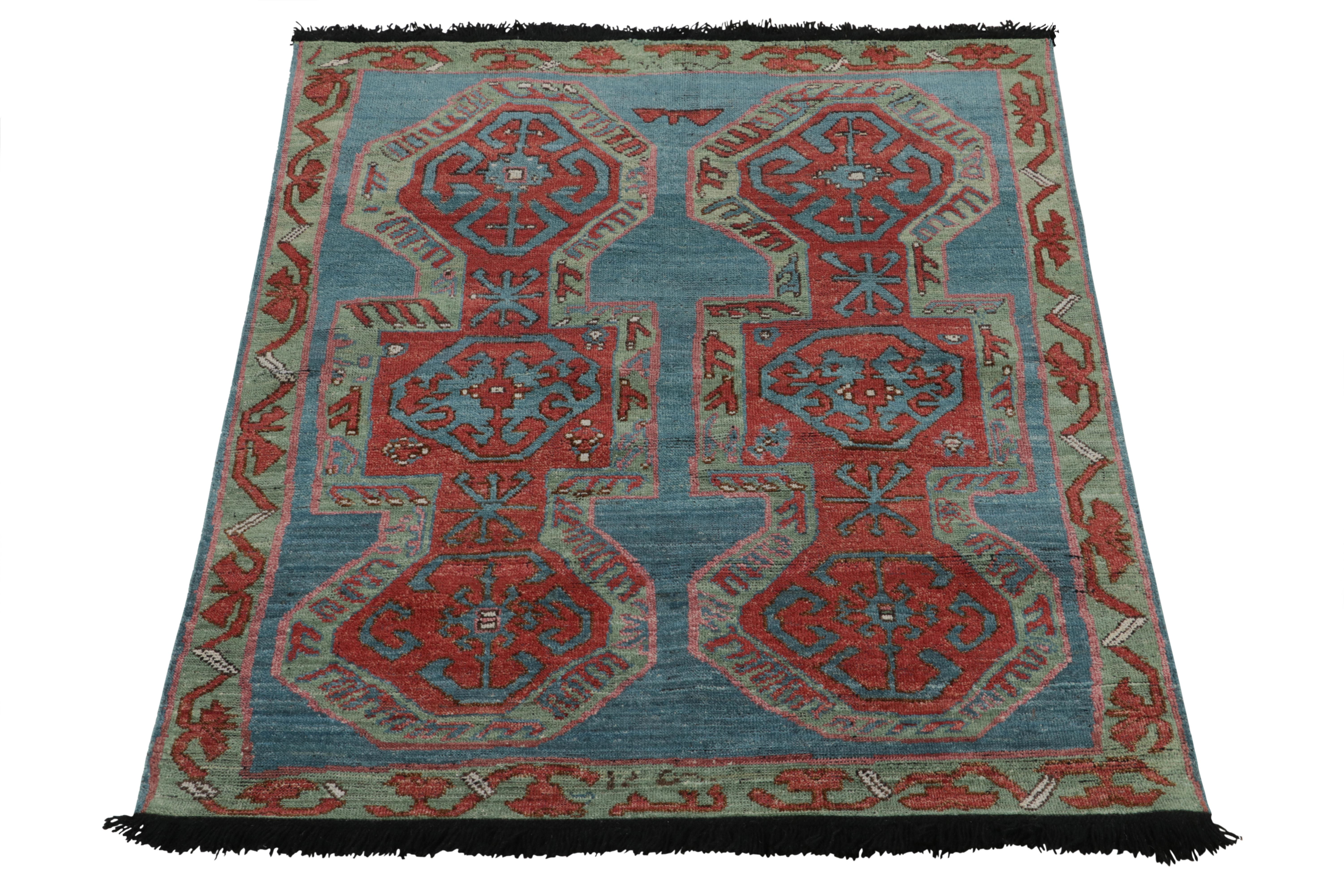 Hand-knotted in fine wool, this 4x5 rug from our Burano Collection reflects upon and recaptures the raw appeal of indigenous designs. The tribal personality of the piece enjoys a rich traditional pattern in deep red sitting boldly on blue-green hues
