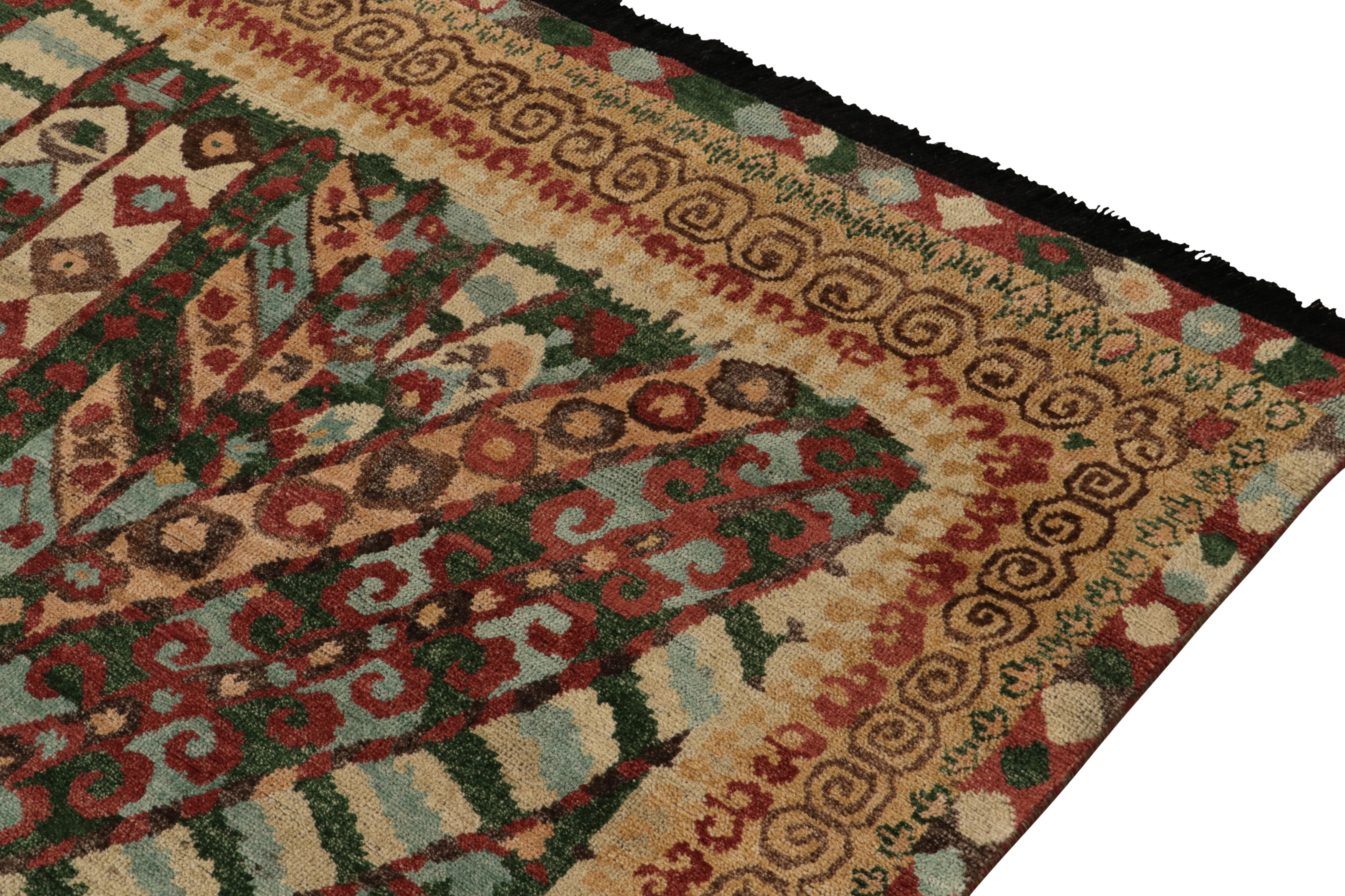 Hand-Knotted Rug & Kilim's Tribal Style Rug in Red, Green Geometric Pattern and Beige Border For Sale