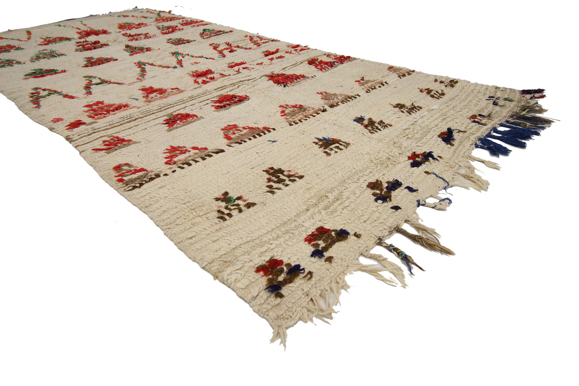 74818, tribal style vintage Moroccan Azilal runner Moroccan hallway runner. With its whimsical triangular patterns, this Moroccan Azilal runner is based on free and abstract compositions. It’s multiple triangles and color pop on the creamy-beige