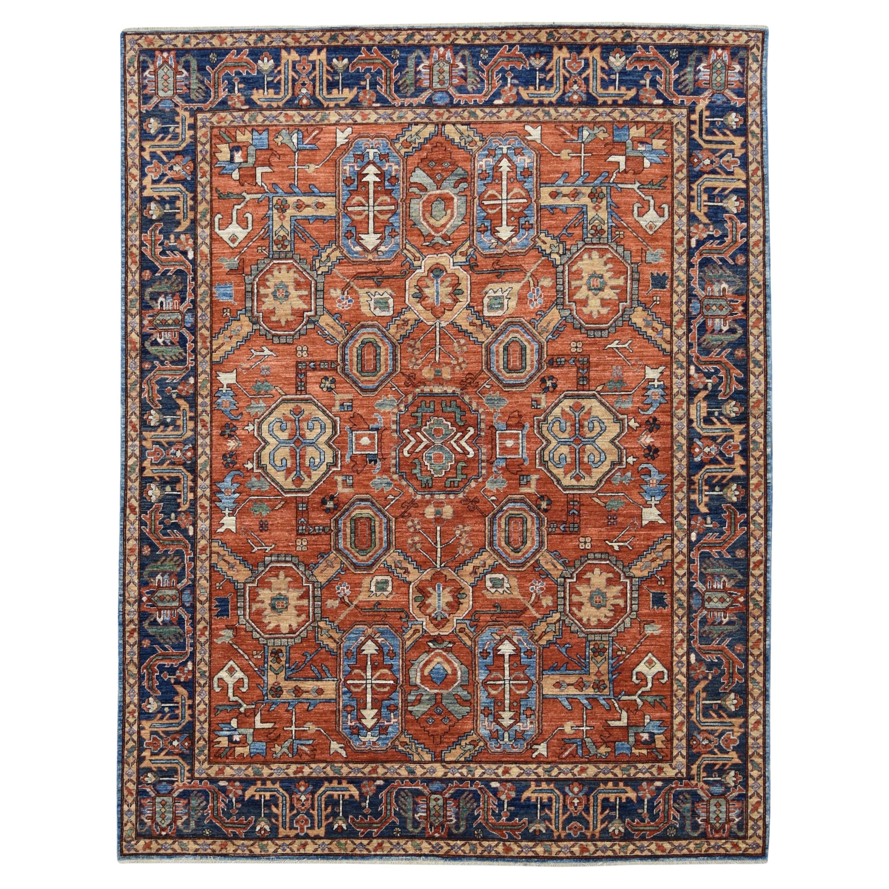 Tapis tribal de style Sultanabad en laine orange et bleu brûlé 7'11''x10'
