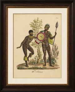 Tribal Tattoos & Warrior Costume, Brodtmann Hand-Colored Lithograph, 1816