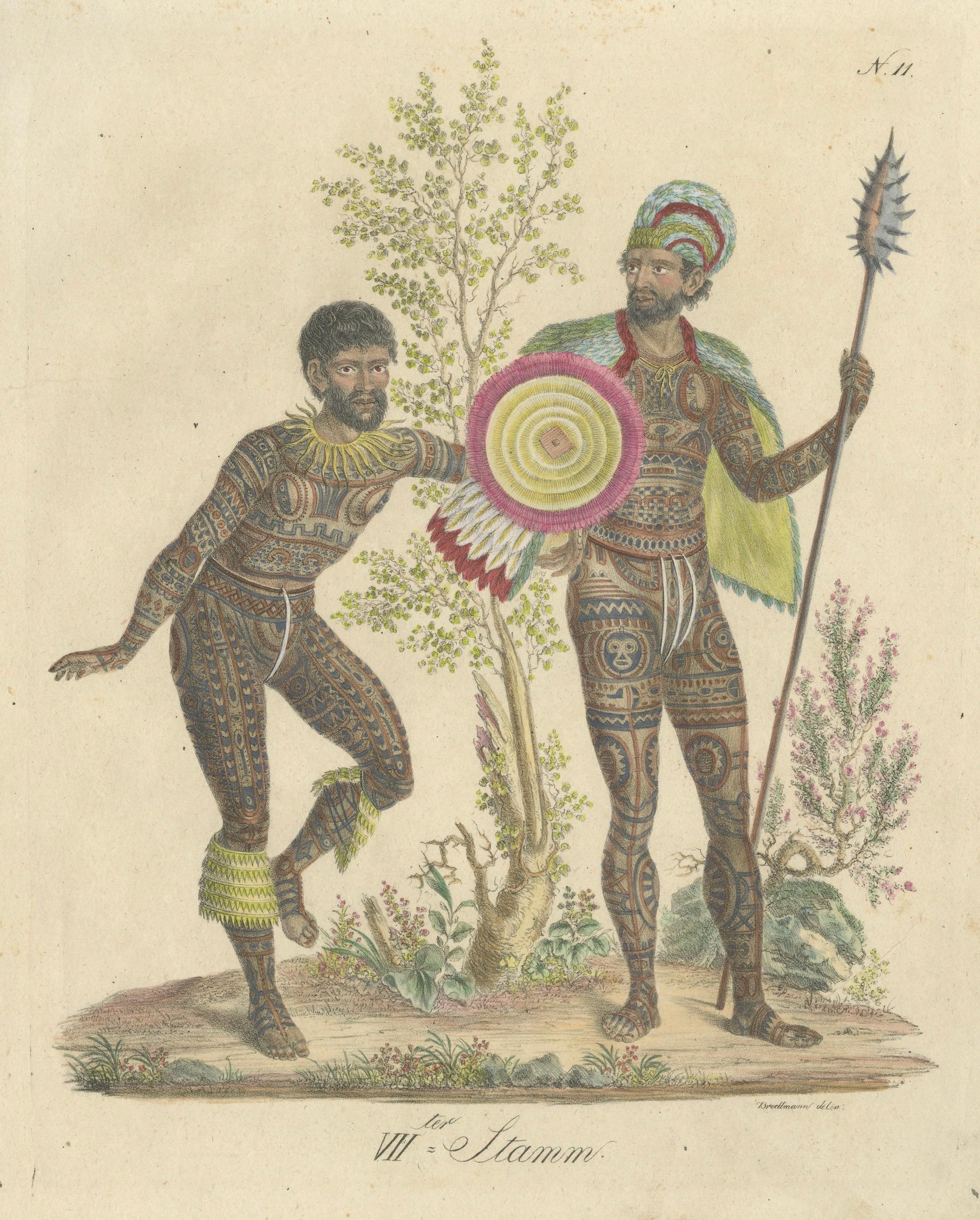 Tribal Tattoos & Warrior Costume, Brodtmann Hand-Colored Lithograph, 1816