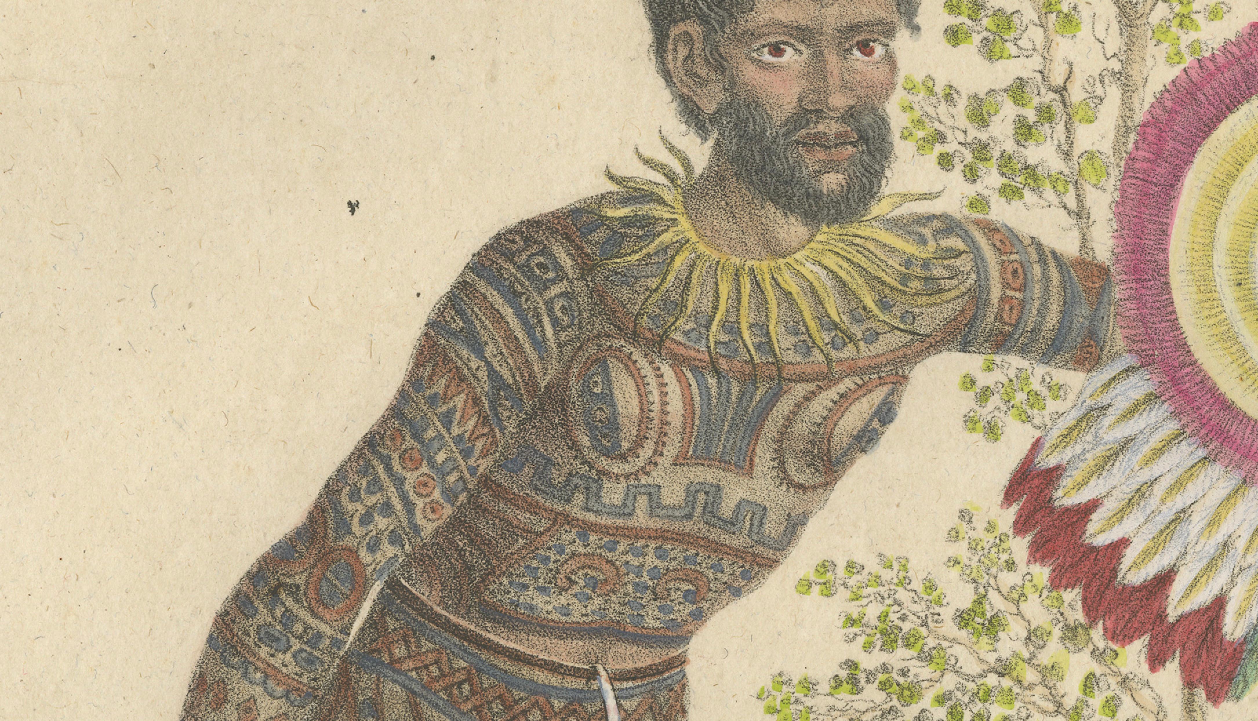 Tribal Tattoos & Warrior Costume, Brodtmann Hand-Colored Lithograph, 1816