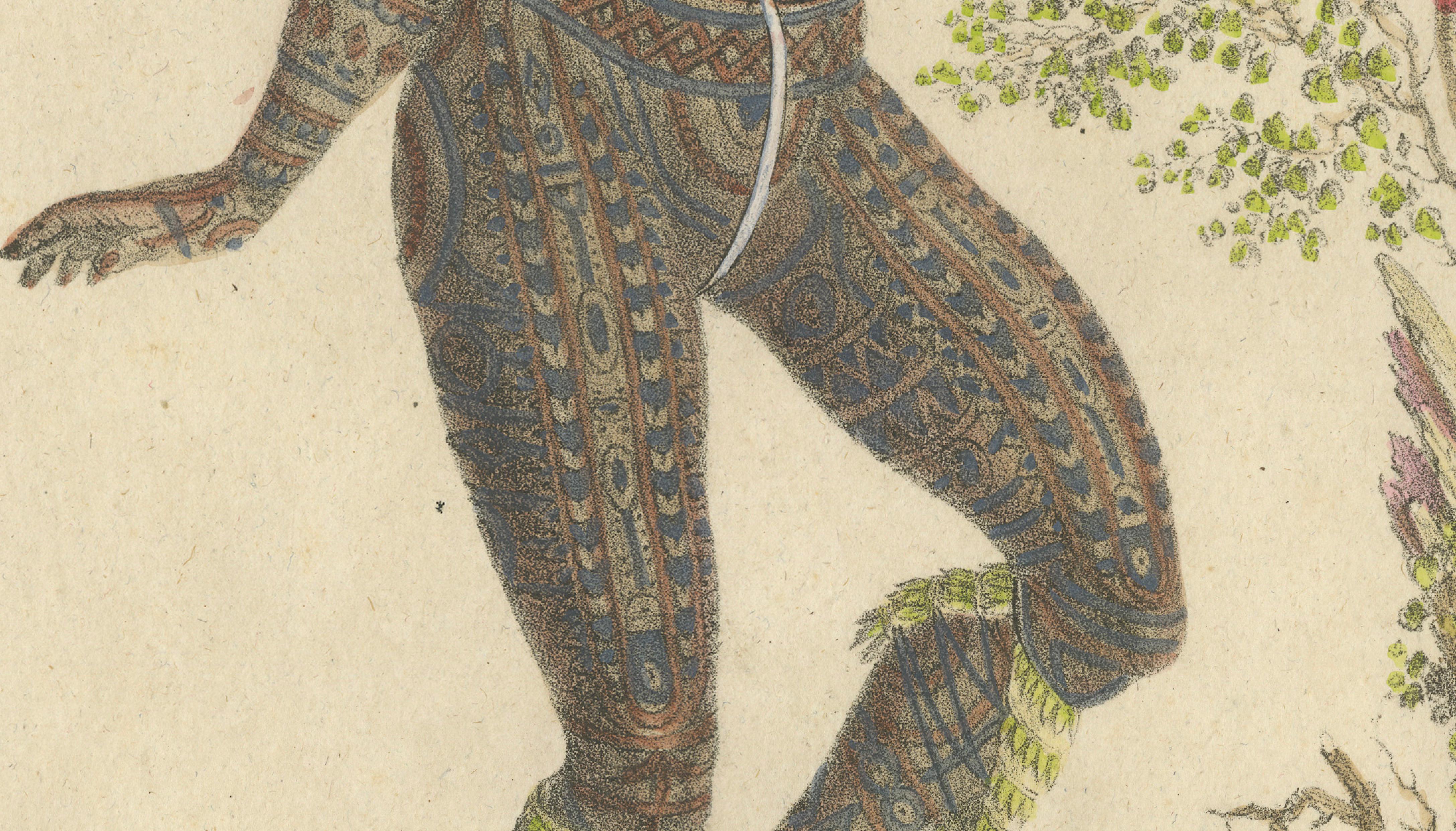 Tribal Tattoos & Warrior Costume, Brodtmann Hand-Colored Lithograph, 1816