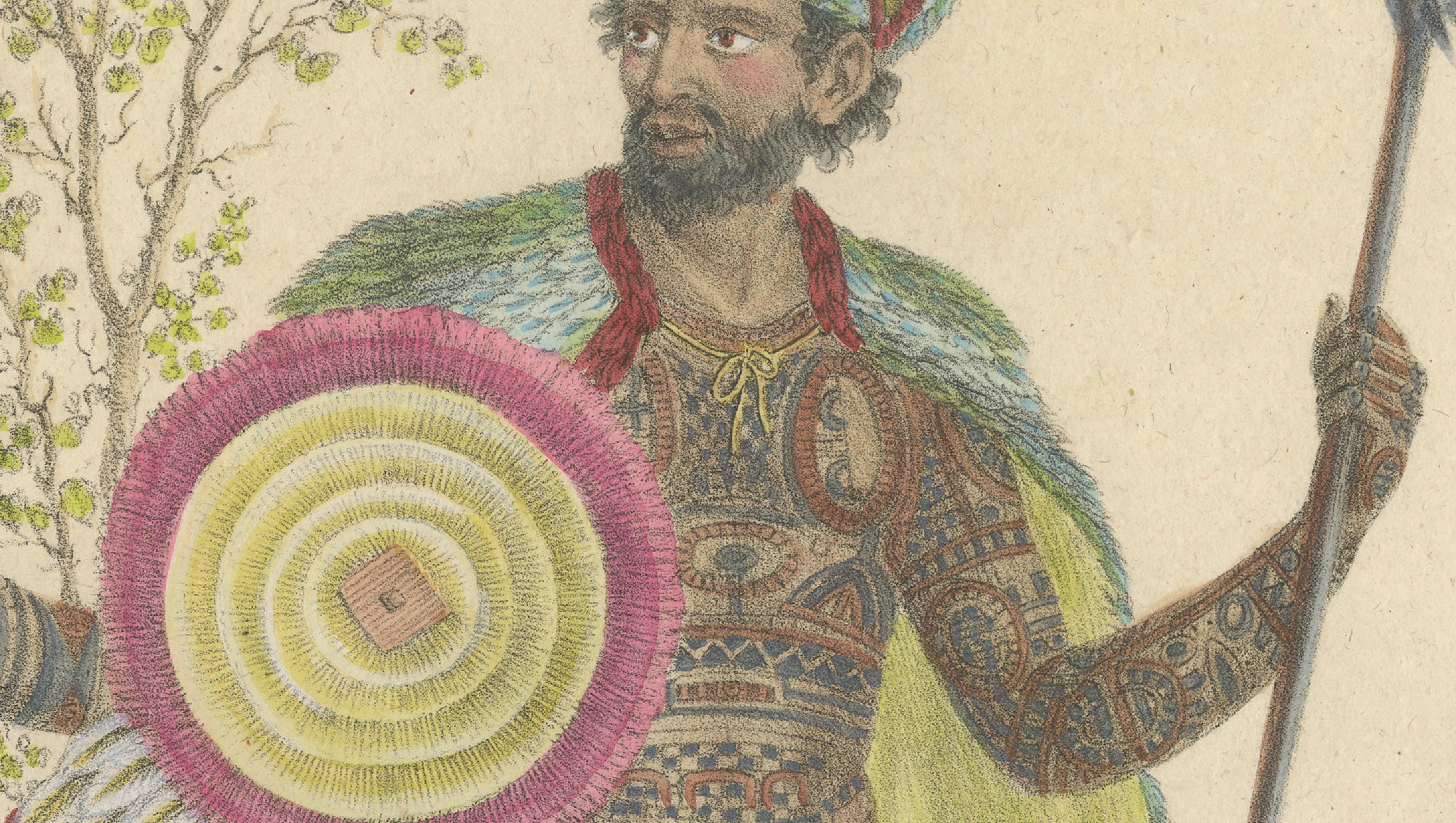 Tribal Tattoos & Warrior Costume, Brodtmann Hand-Colored Lithograph, 1816