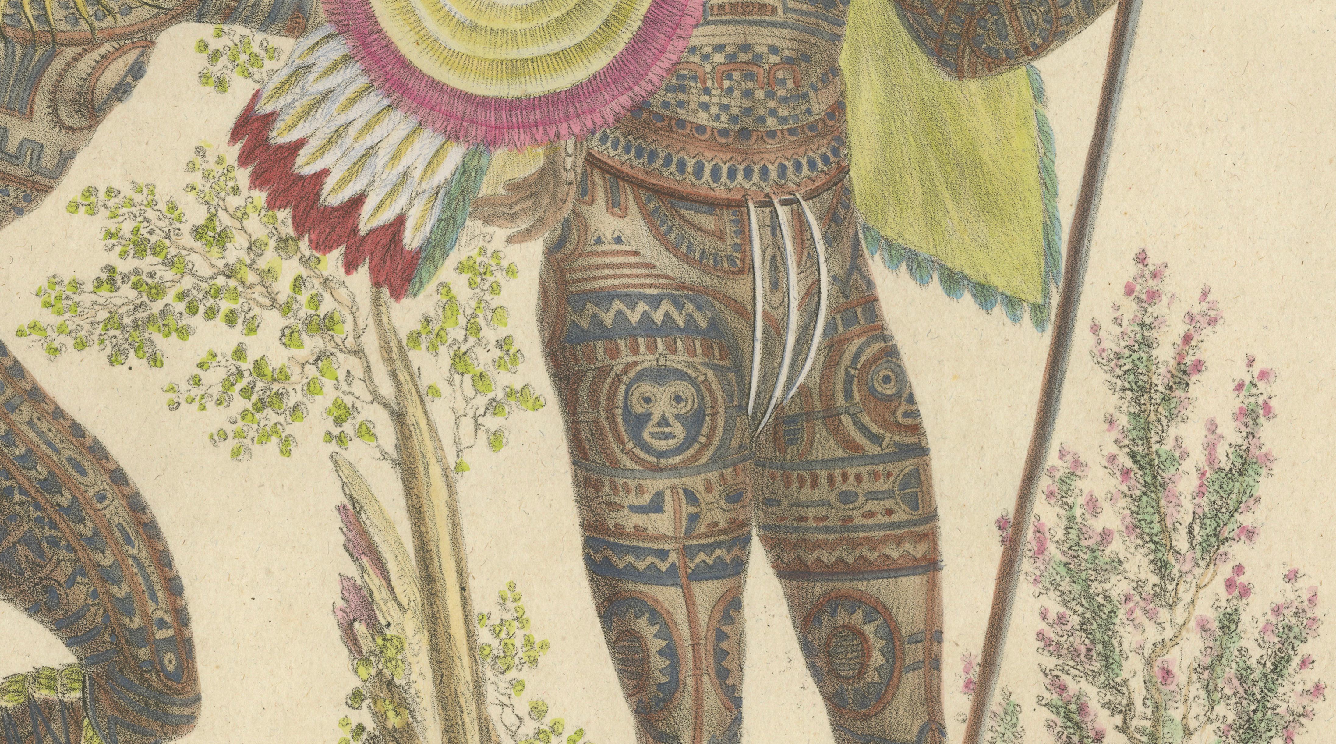 Tribal Tattoos & Warrior Costume, Brodtmann Hand-Colored Lithograph, 1816