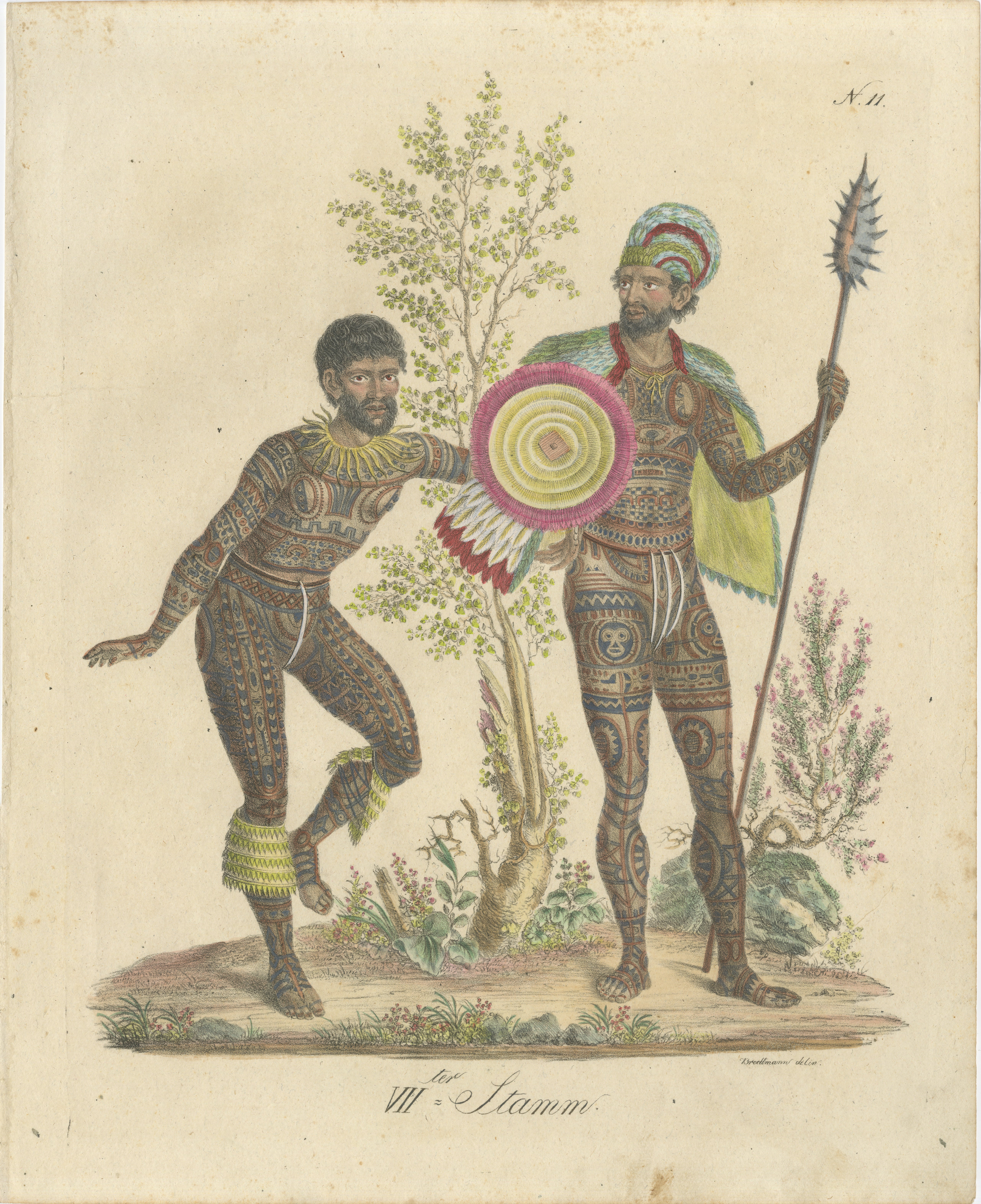 Tribal Tattoos & Warrior Costume, Brodtmann Hand-Colored Lithograph, 1816