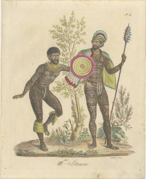 Tribal Tattoos & Warrior Costume, Brodtmann Hand-Colored Lithograph, 1816