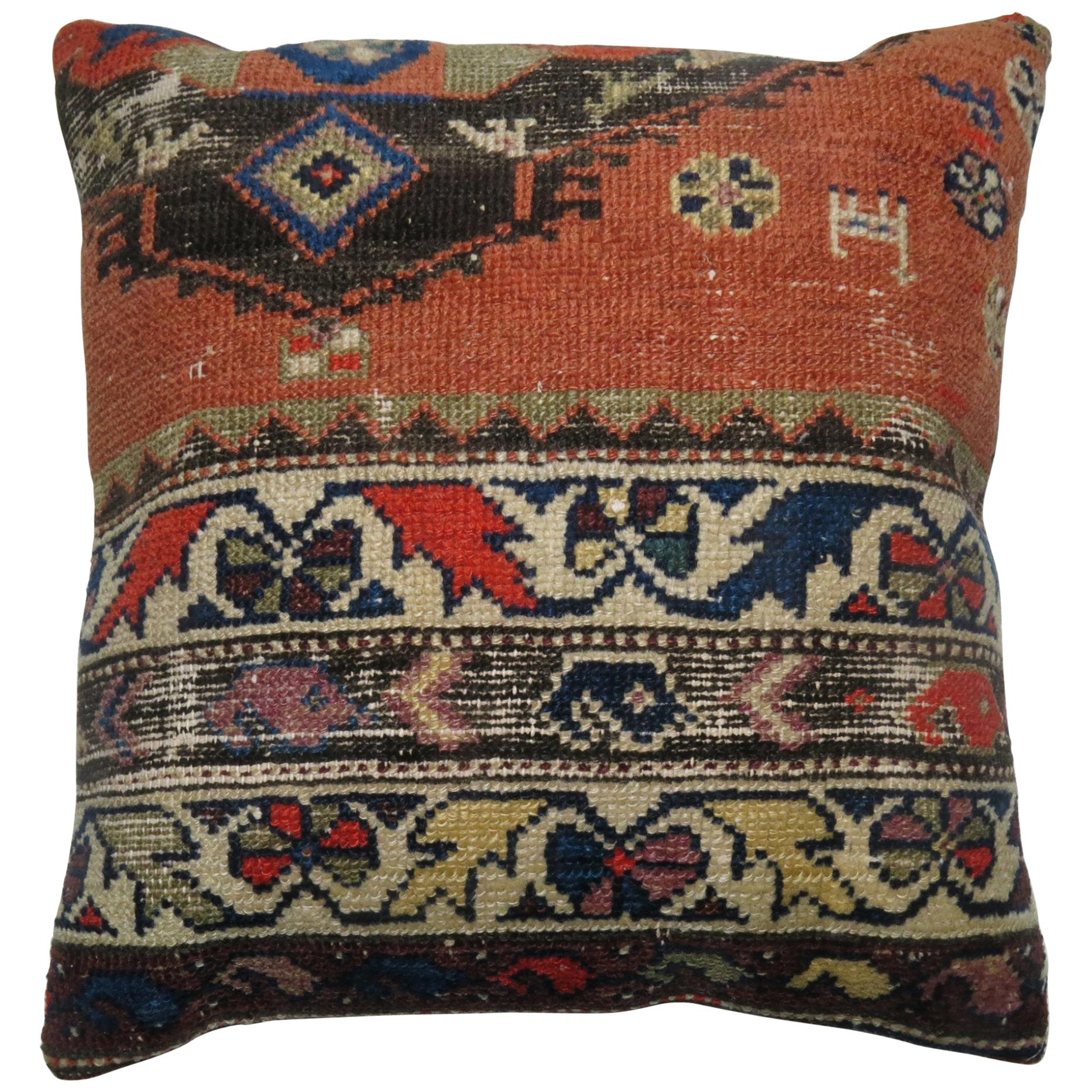 Coussin de tapis persan traditionnel tribal orange et marron