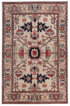 Tribal Turkish Hand-Knotted Serapi Wool Accent Rug 4x6 Ivory