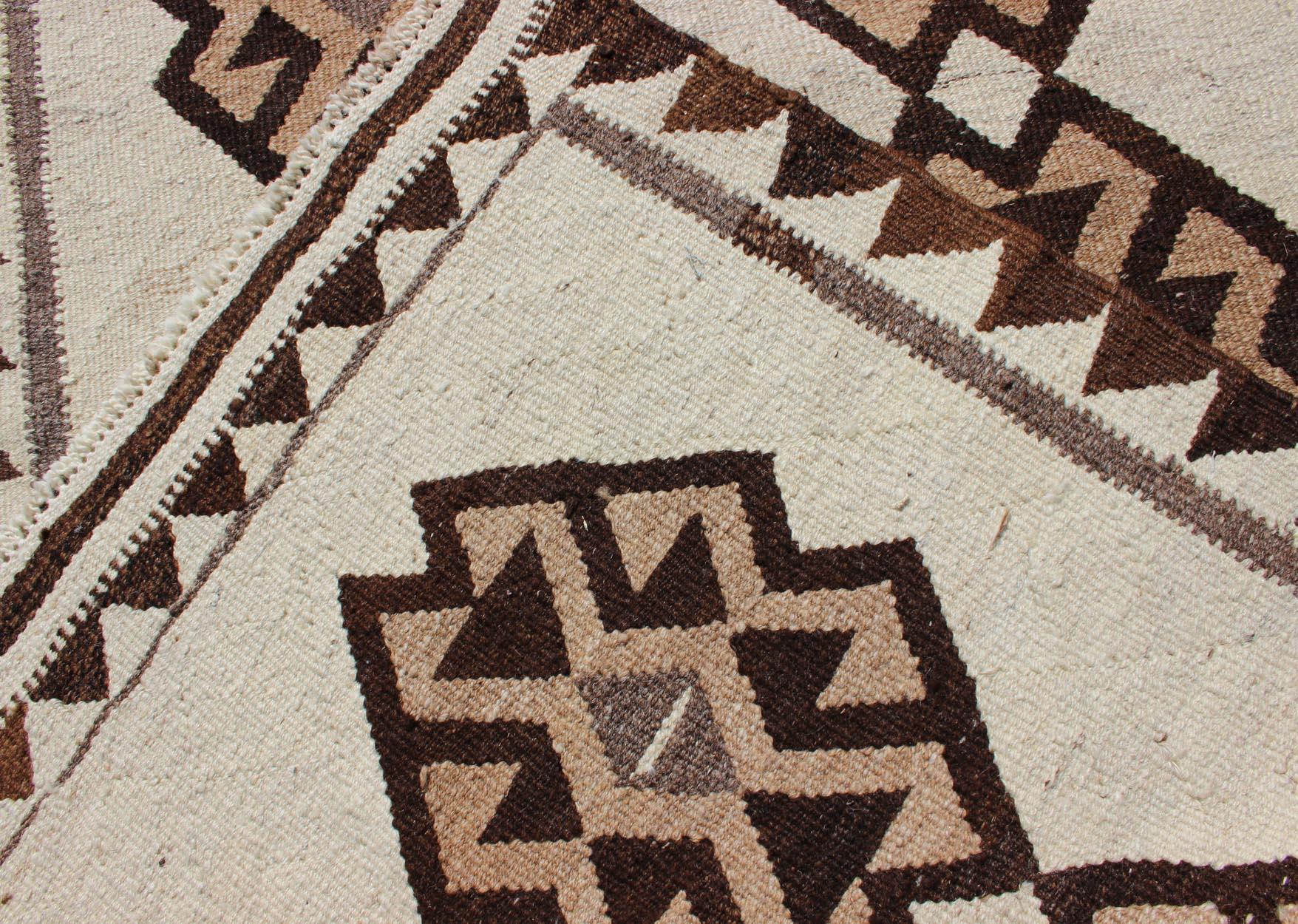 Tribal Vintage Turkish Kilim in Creams, Black, and Browns In Good Condition For Sale In Atlanta, GA