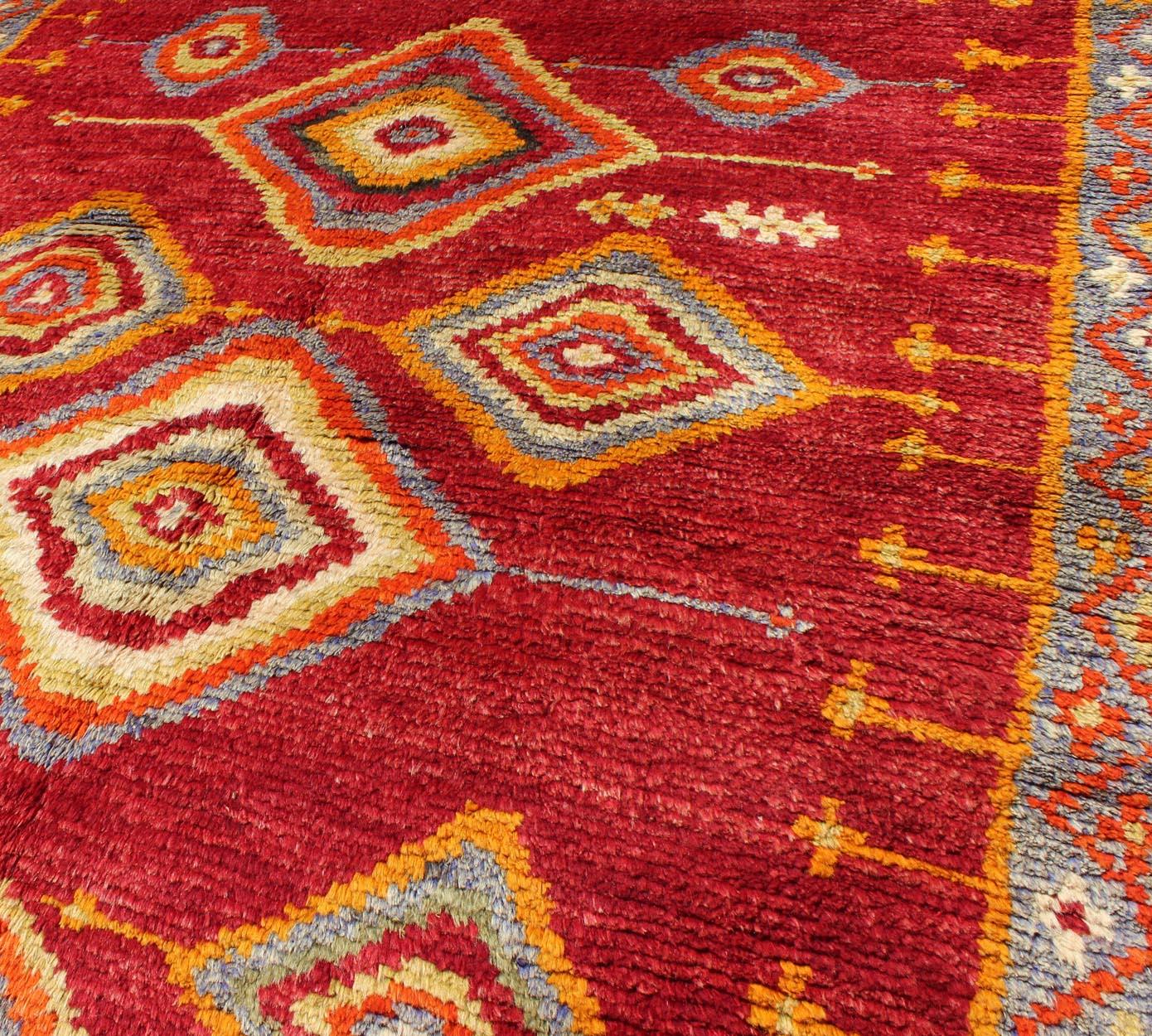 Tribal Turkish Konya Rug with Diamond Design in Beautiful Royal Red Background For Sale 1