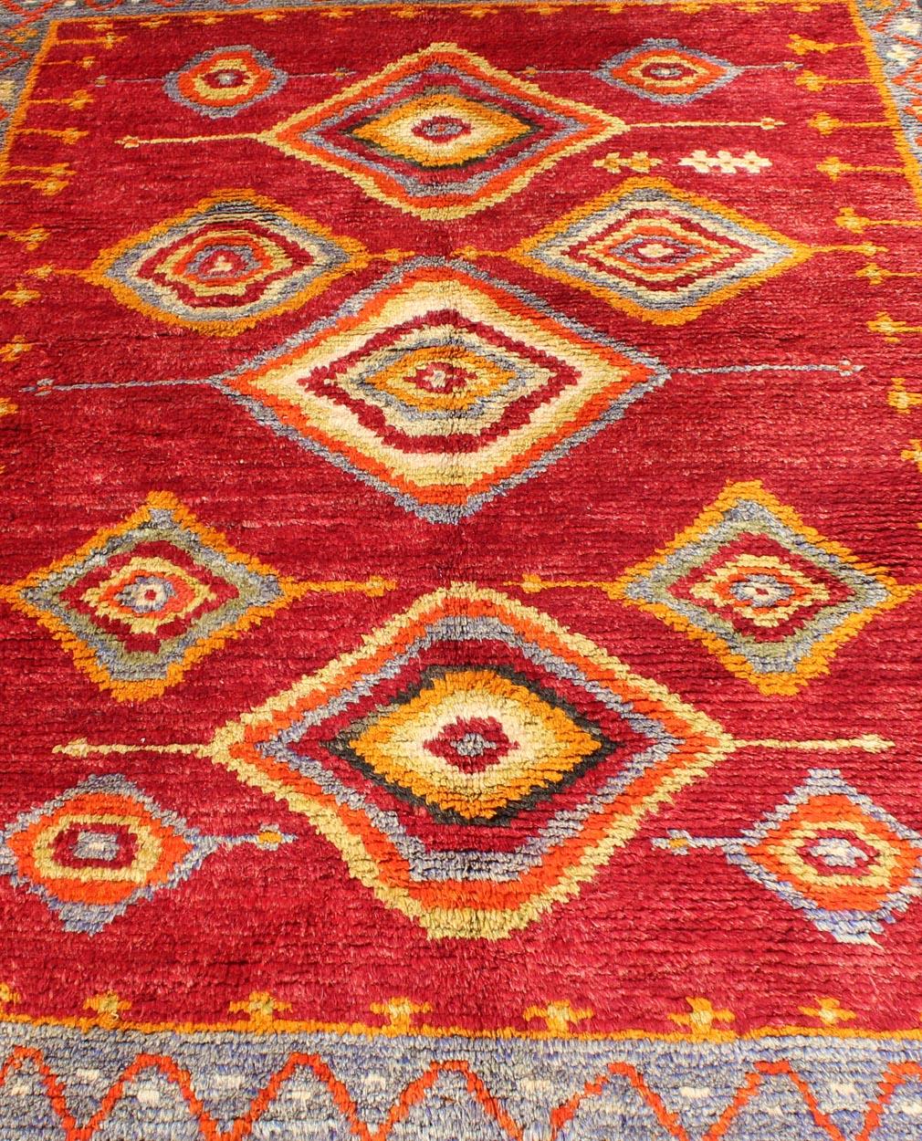 Tribal Turkish Konya Rug with Diamond Design in Beautiful Royal Red Background For Sale 2