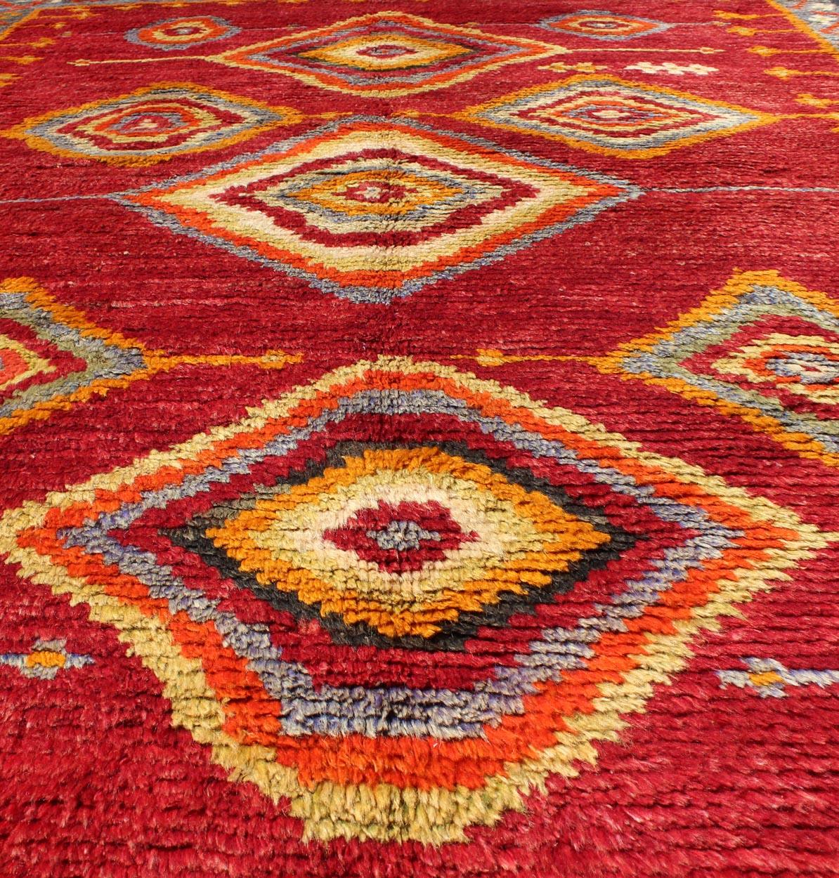Hand-Knotted Tribal Turkish Konya Rug with Diamond Design in Beautiful Royal Red Background For Sale
