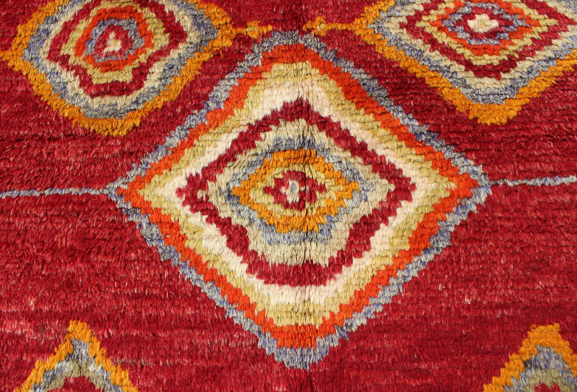 Tribal Turkish Konya Rug with Diamond Design in Beautiful Royal Red Background In Good Condition For Sale In Atlanta, GA