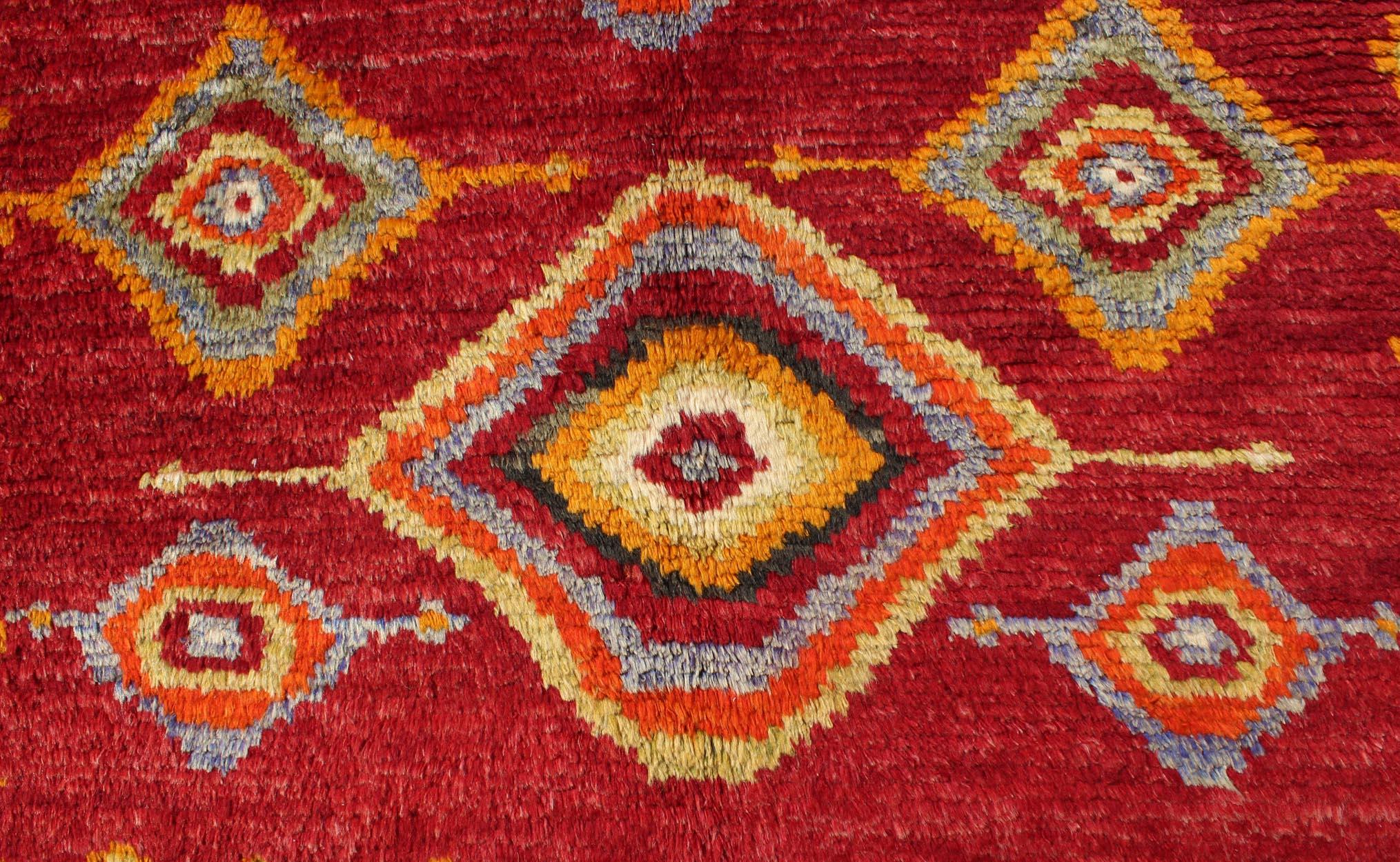 Wool Tribal Turkish Konya Rug with Diamond Design in Beautiful Royal Red Background For Sale
